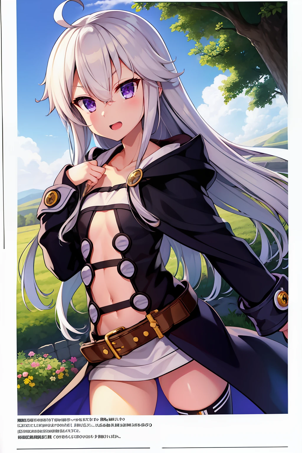1girl, ahoge, belt, buttons, cloak, coat, dutch_angle, forest, gradient_hair, hair_between_eyes, hand_on_own_chest, hood, iwasaki_takashi, long_hair, long_sleeves, looking_at_viewer, multicolored_hair, nature, non-web_source, open_mouth, photoshop_(medium), plant, purple_eyes, scan, solo, translated, tree, tsurime, upper_body, white_hair, zero_(zero_kara_hajimeru_mahou_no_sho), zero_kara_hajimeru_mahou_no_sho