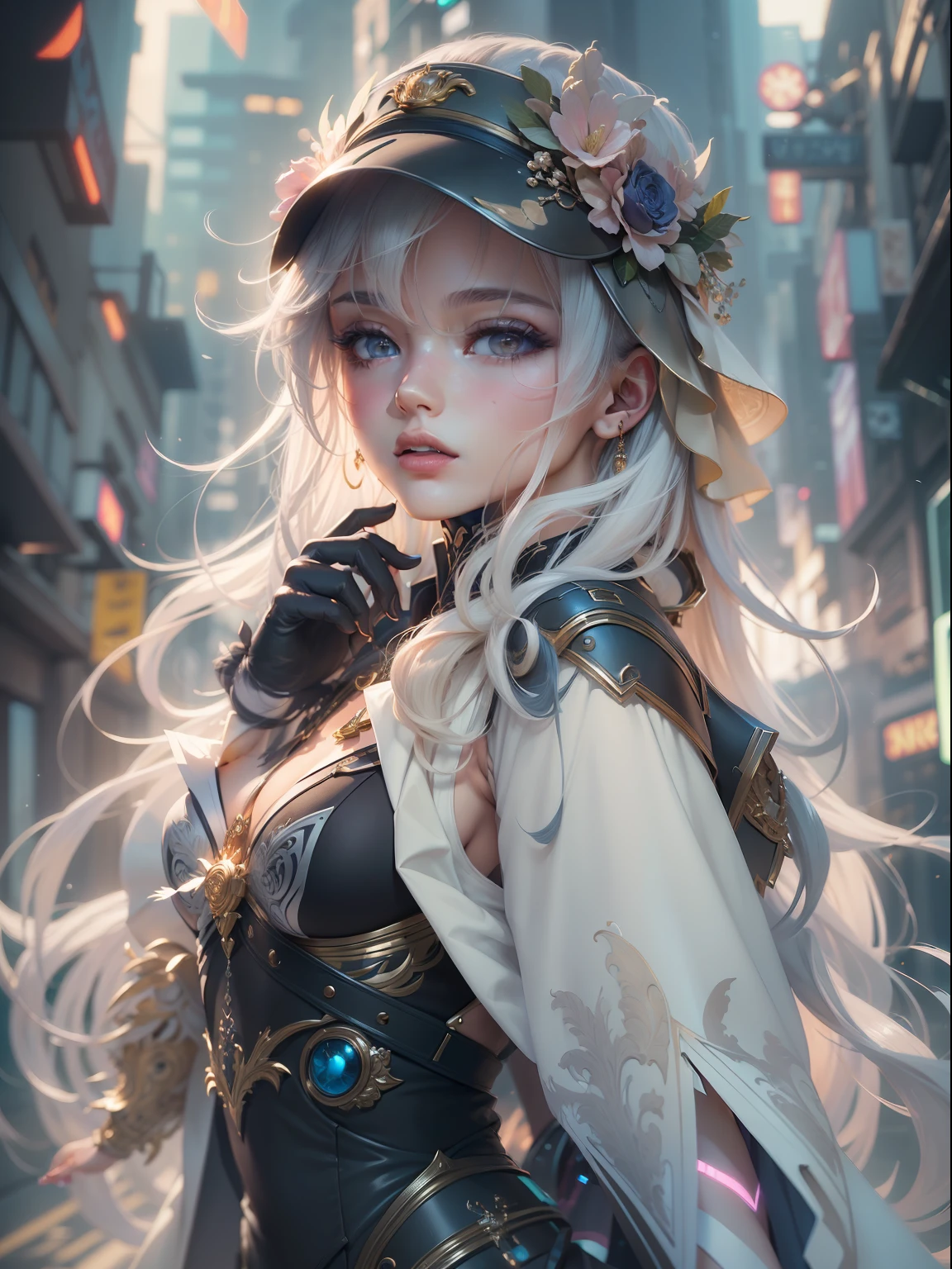 (((​masterpiece)))、(((top-quality)))、((ultra-definition))、(High Definition CG Illustration)、((extremely delicate and beautiful))、Cyber City、Cinematic Light、Versace Fashion、2080s、animesque、girl with、trending on artstationh、Rachel Walker