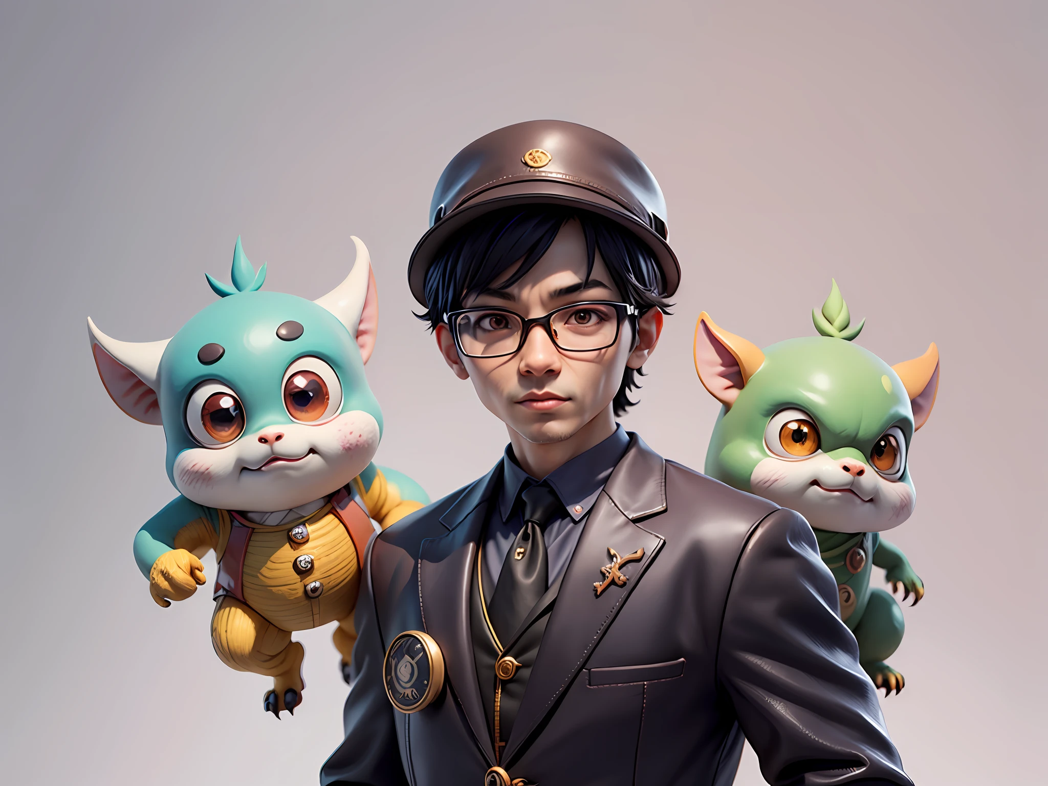 Young man with oriental face in leather hat, dragon, formal suit, short black hair, silver glasses, digital painting, 3D character design by Mark Clairedon and Pixar and Hayao Miyazaki and Akira Toriyama, the illustration is a high-definition illustration in 4K resolution with very detailed facial features and cartoon-style visuals.