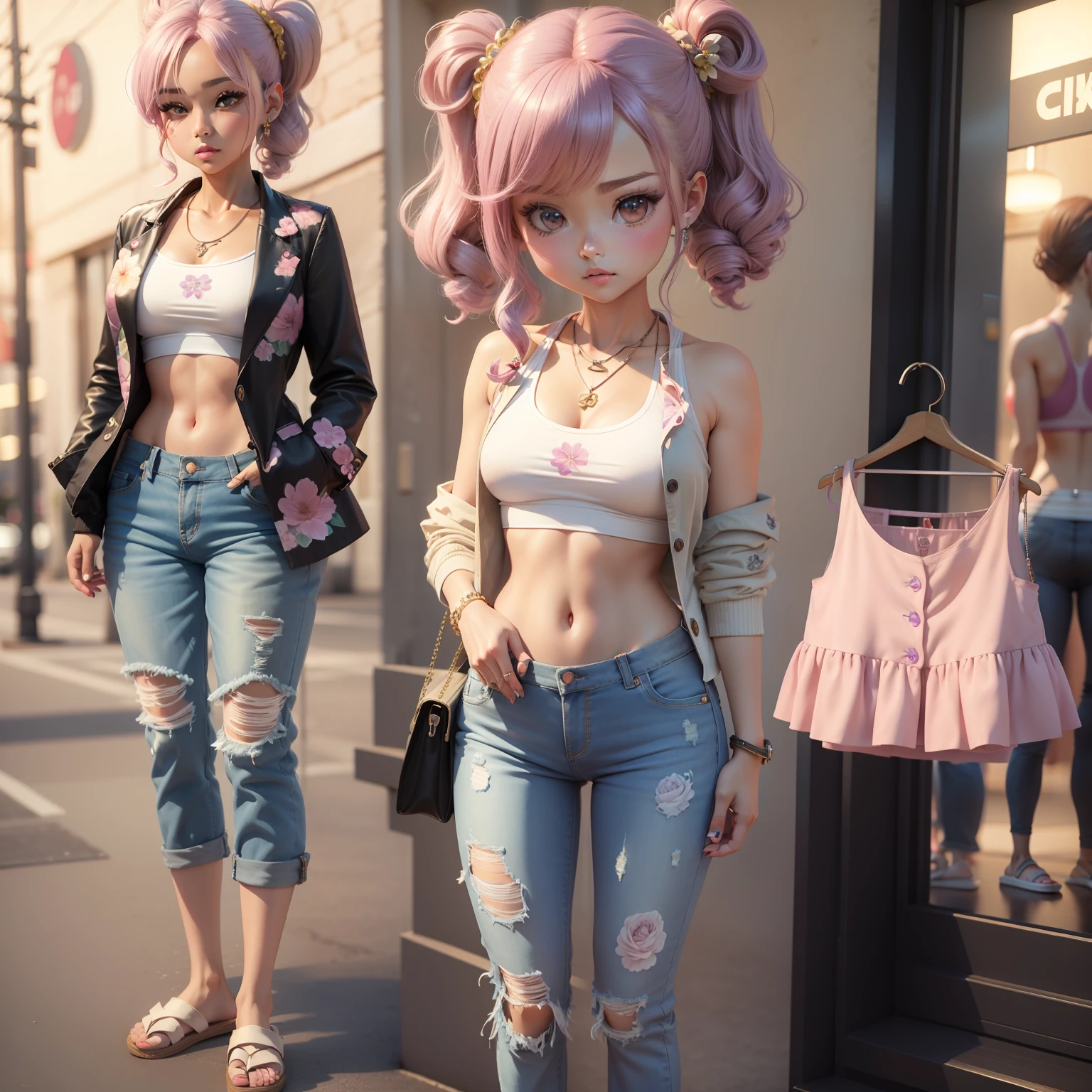 (Chibi 3D)))Cute and beautiful chibi anime//Retro floral sports bra, Oversized Blazer, Boyfriend Jeans, Quilty slippers, amethyst necklace,Retro floral clothing boutique、standing,Unique posing