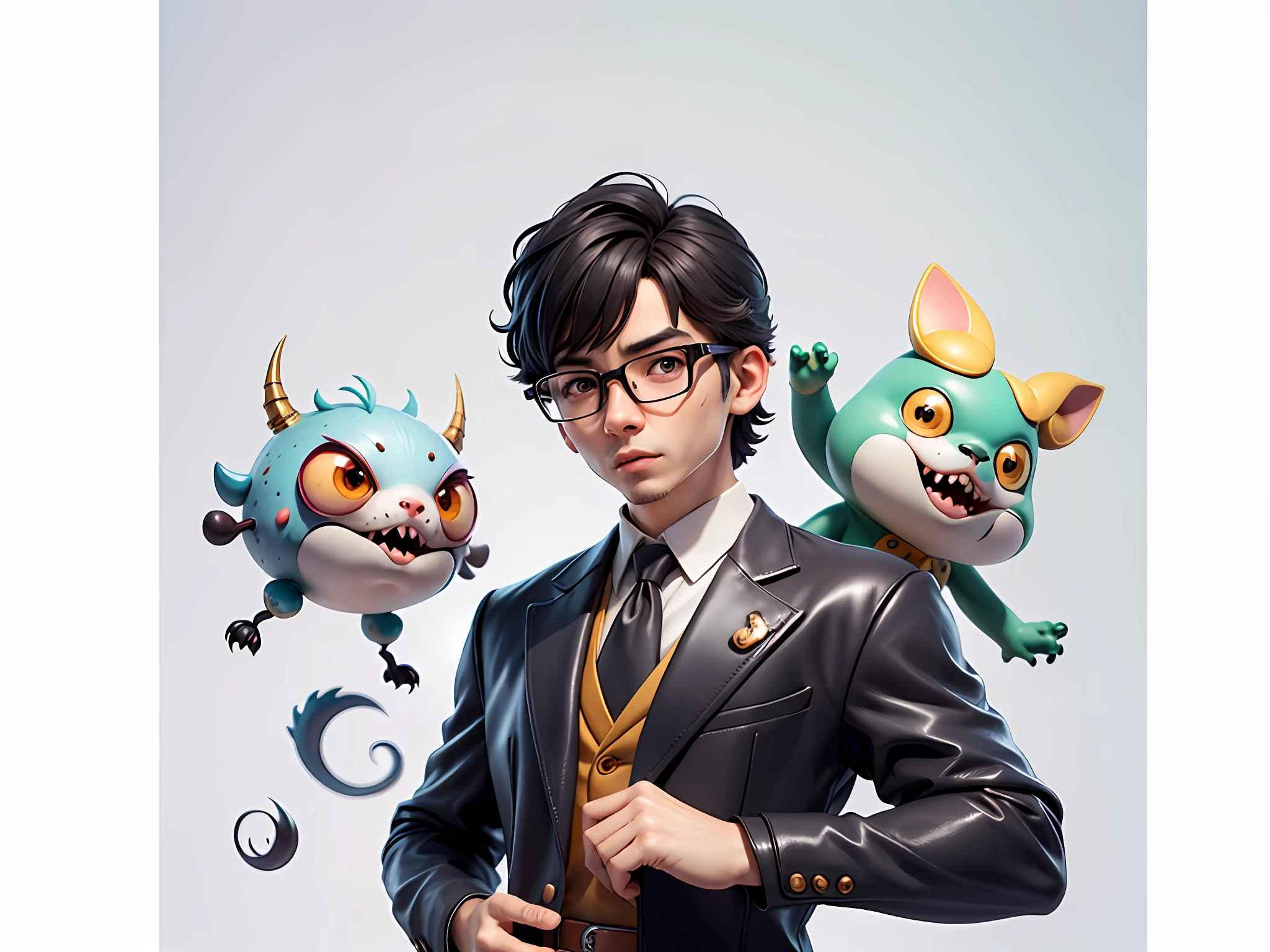 Young man with oriental face in leather hat, dragon, formal suit, short black hair, silver glasses, digital painting, 3D character design by Mark Clairedon and Pixar and Hayao Miyazaki and Akira Toriyama, the illustration is a high-definition illustration in 4K resolution with very detailed facial features and cartoon-style visuals.