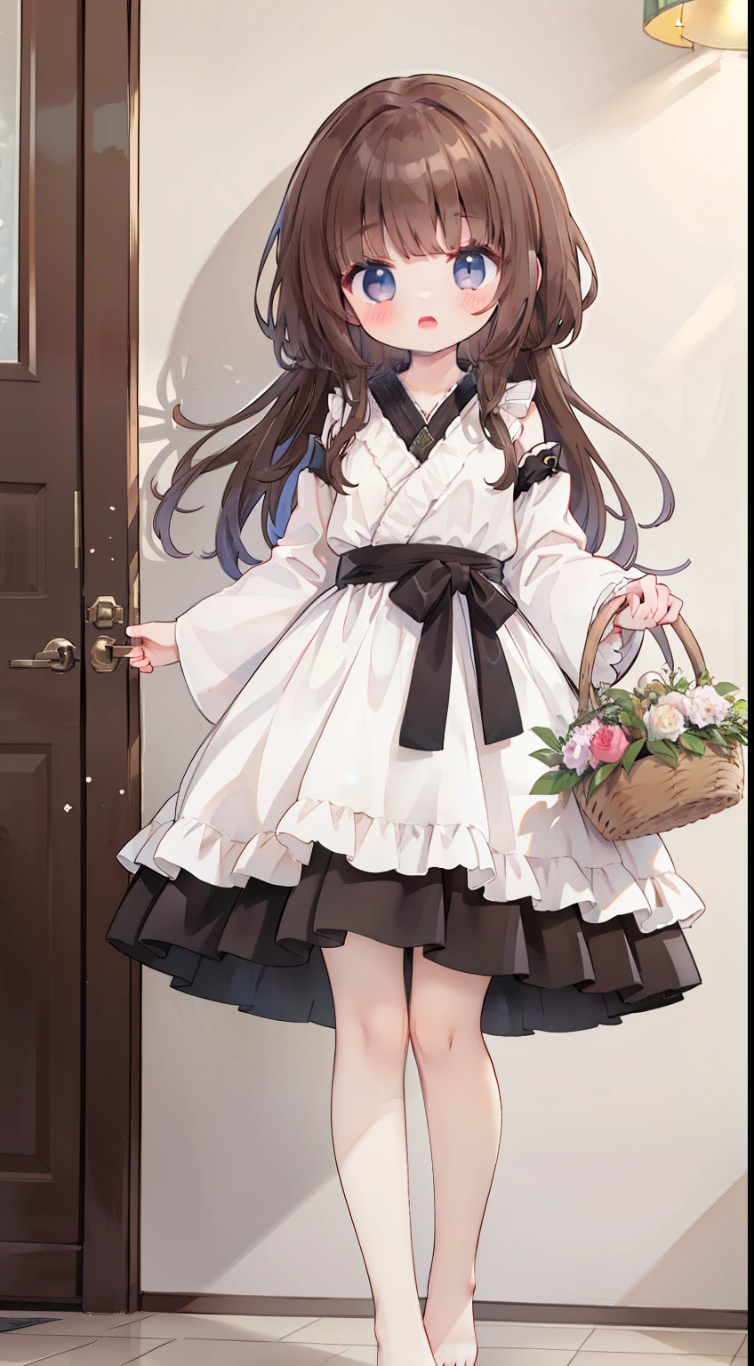 Standing Picture、full bodyesbian、One Girl、Brown hair、Medium hair、straight haired、robe、Surprised.、coward、Curly skirt、white  shirt、Rolled up sleeves、Holding a basket、​masterpiece、Top image quality、top-quality