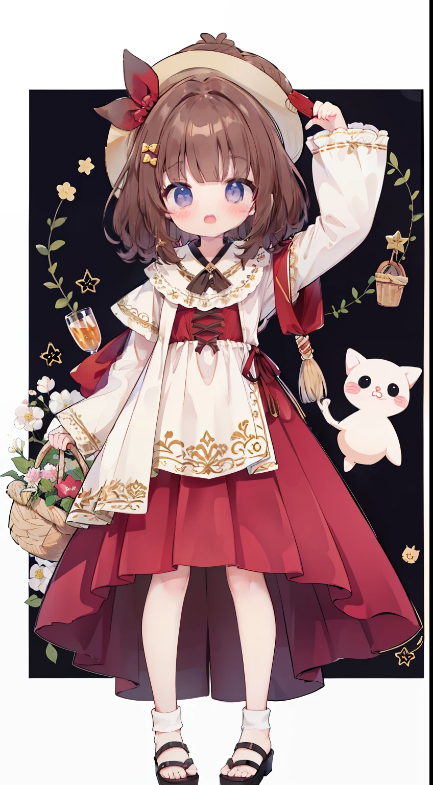 Standing Picture、full bodyesbian、One Girl、Brown hair、Medium hair、straight haired、robe、Surprised.、coward、Curly skirt、white shirt、Rolled up sleeves、Holding a basket、masterpiece、Top image quality、top-quality
