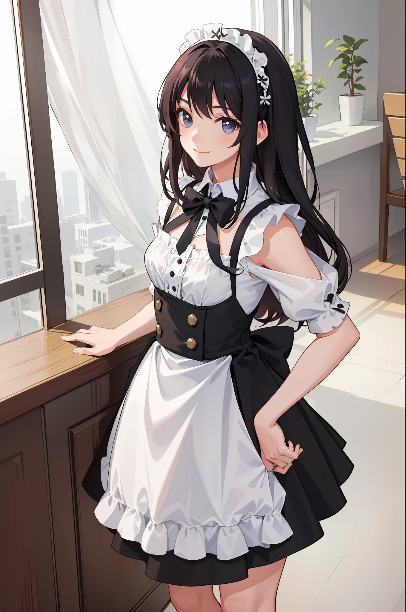 1girl in、A smile、A delightful、skirt by the、(small tits)Chilarism、doress、pinafore,,,,,,、Maids,,,,,,,,、hair adornments、