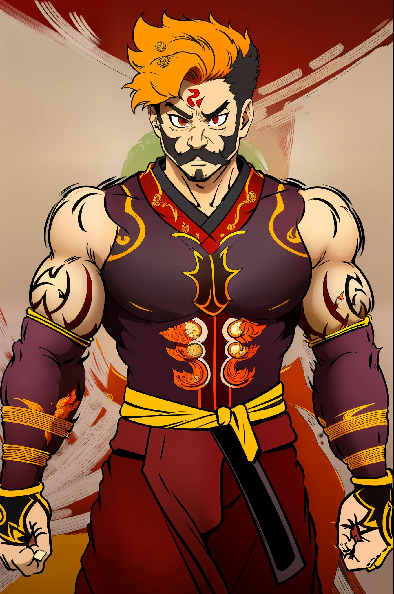 ryan westhearth, red hair, orange hair, fire hair, mustach, muscular male, kimono martial art , monk,, walking