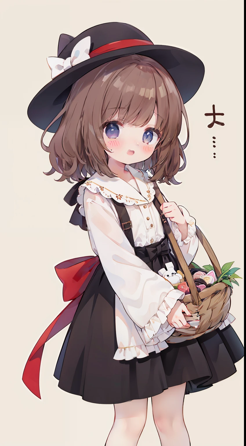 Standing Picture、full bodyesbian、One Girl、Brown hair、Medium hair、straight haired、robe、Surprised.、coward、Curly skirt、white  shirt、Rolled up sleeves、Holding a basket、​masterpiece、Top image quality、top-quality