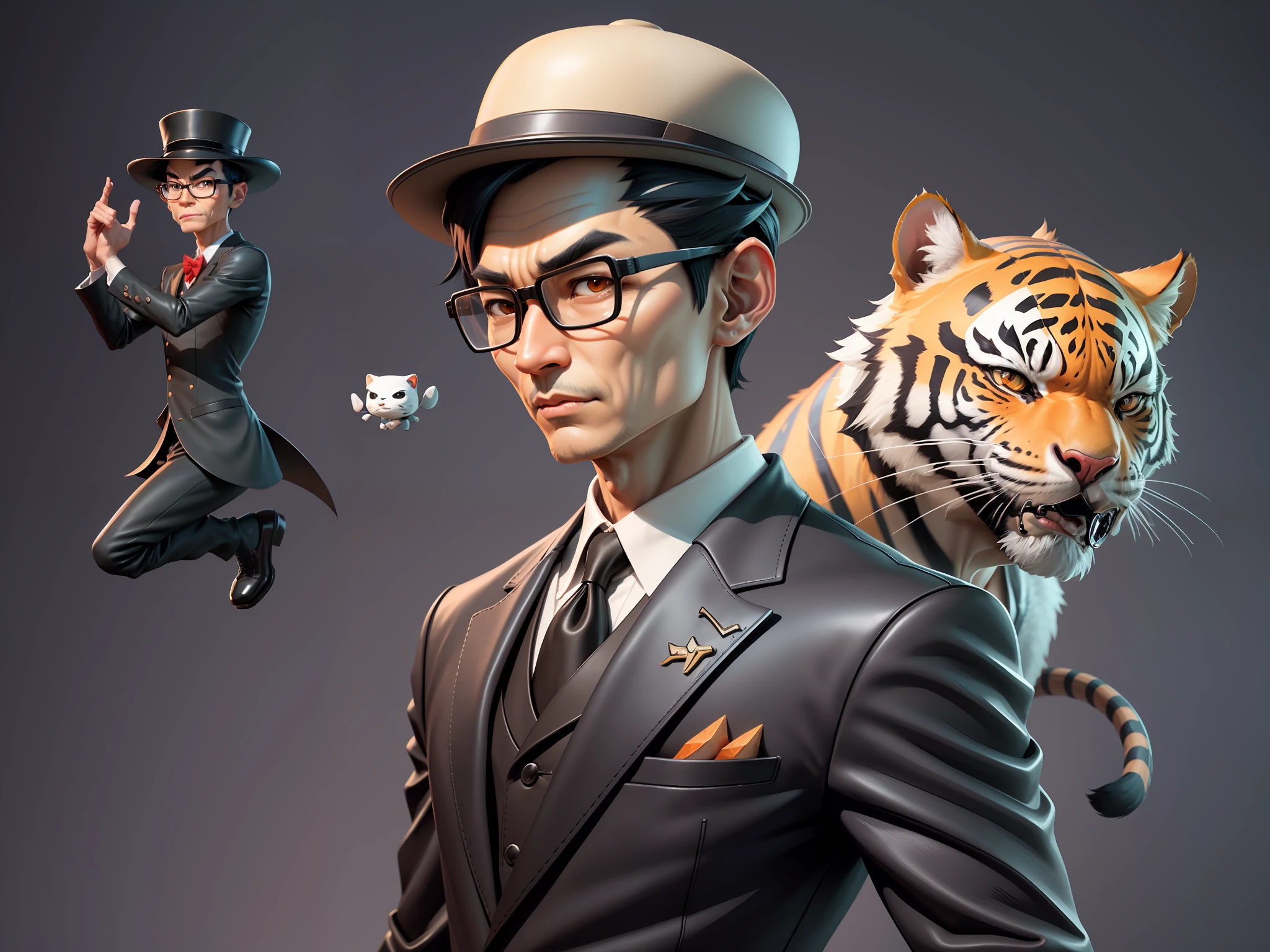 Young man with oriental face in leather hat, tiger, oriental face in formal suit, short black hair, silver glasses, digital painting, 3D character design by Mark Clairedon and Pixar and Hayao Miyazaki and Akira Toriyama, the illustration is a high-definition illustration in 4K resolution with very detailed facial features and cartoon-style visuals.