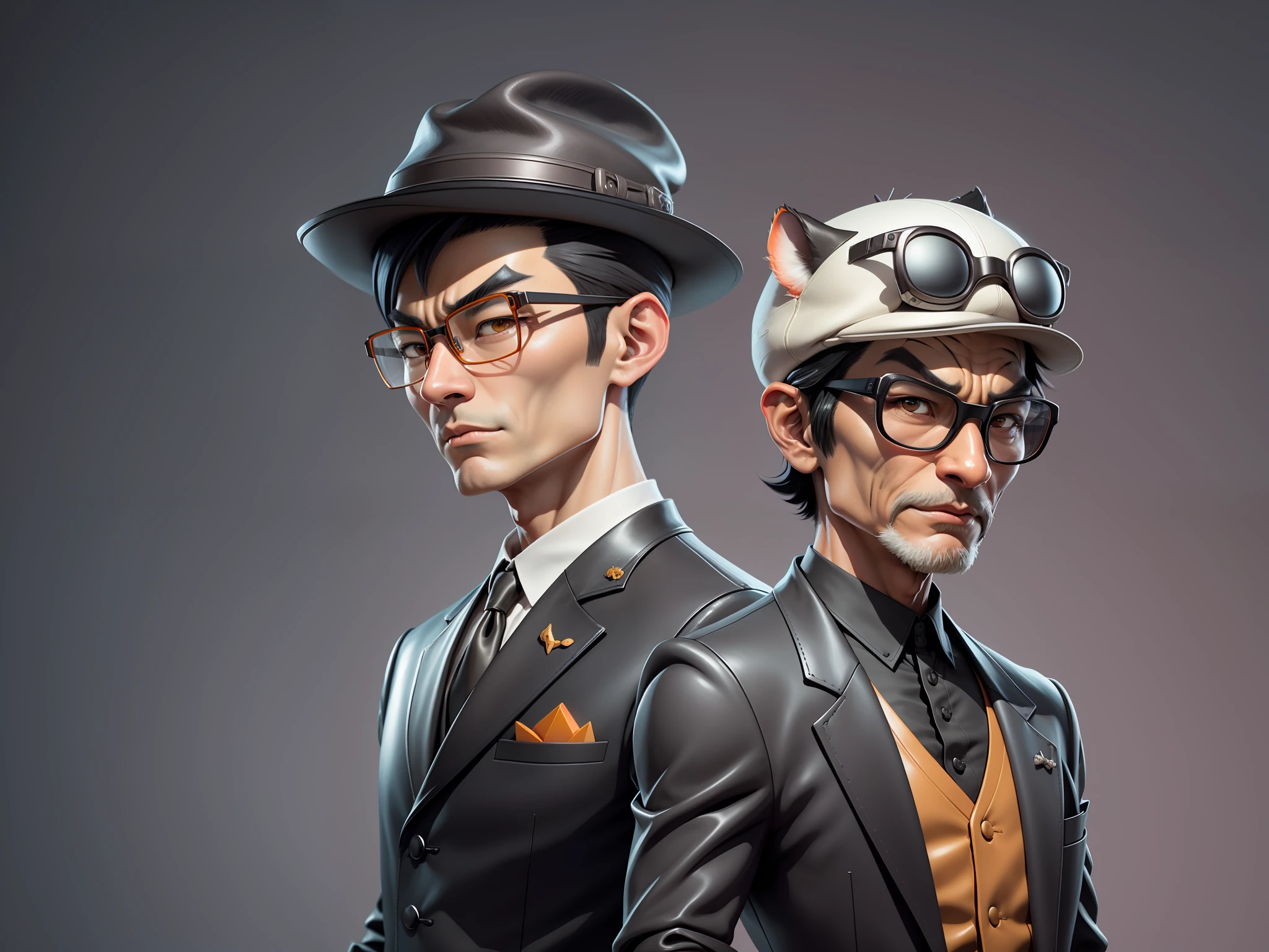 Young man with oriental face in leather hat, tiger, oriental face in formal suit, short black hair, silver glasses, digital painting, 3D character design by Mark Clairedon and Pixar and Hayao Miyazaki and Akira Toriyama, the illustration is a high-definition illustration in 4K resolution with very detailed facial features and cartoon-style visuals.