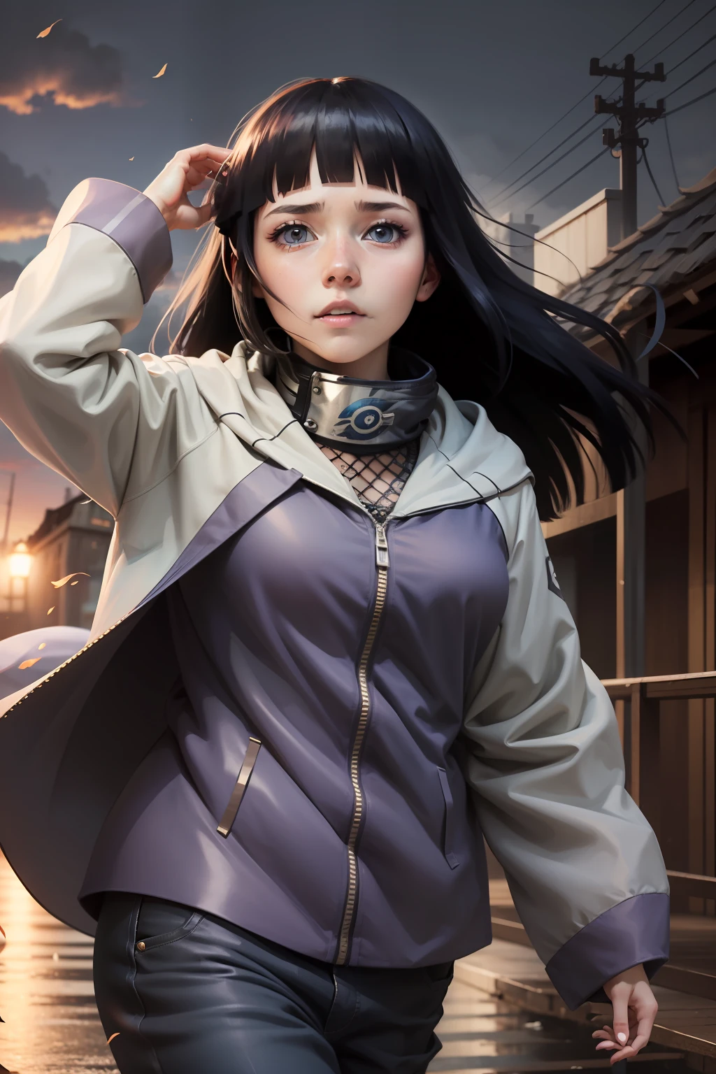 masterpiece, absurdres, 1girl, hinata\(shippuden\), solo,hooded jacket, fishnets, headband around neck, looking at viewer,  floating hair,  wind, blue pants,