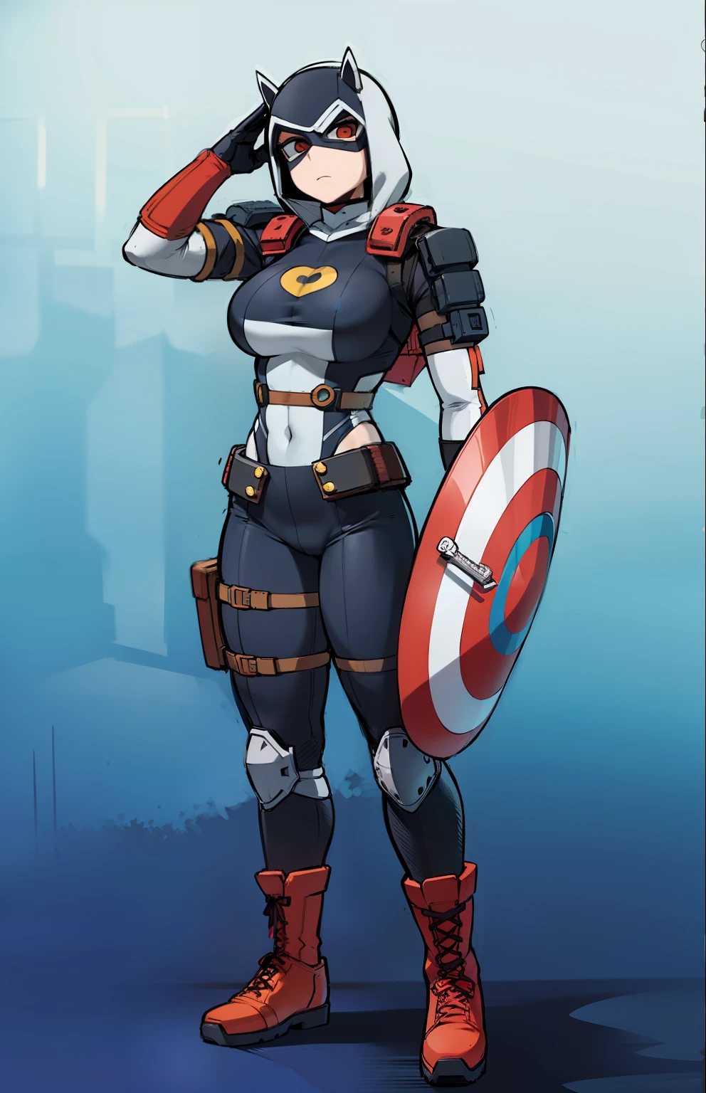 My Hero Academia style, anime Girl, female, Wide thighs, wide hips, Large breast, hero costume, full body suit, Covered face, Mask, covered eyes, eye mask,