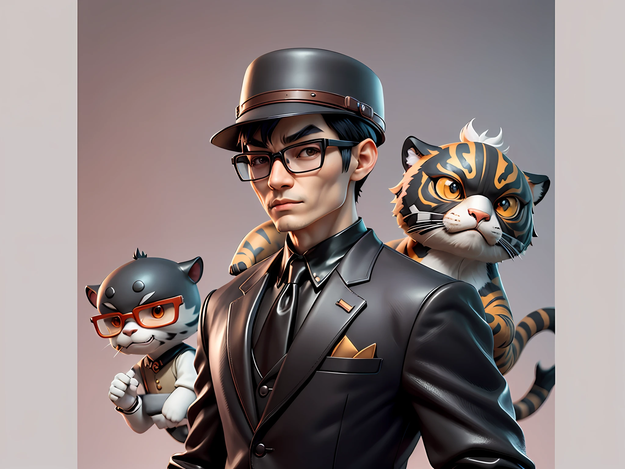 Young man with oriental face in leather hat, tiger, oriental face in formal suit, short black hair, silver glasses, digital painting, 3D character design by Mark Clairedon and Pixar and Hayao Miyazaki and Akira Toriyama, the illustration is a high-definition illustration in 4K resolution with very detailed facial features and cartoon-style visuals.