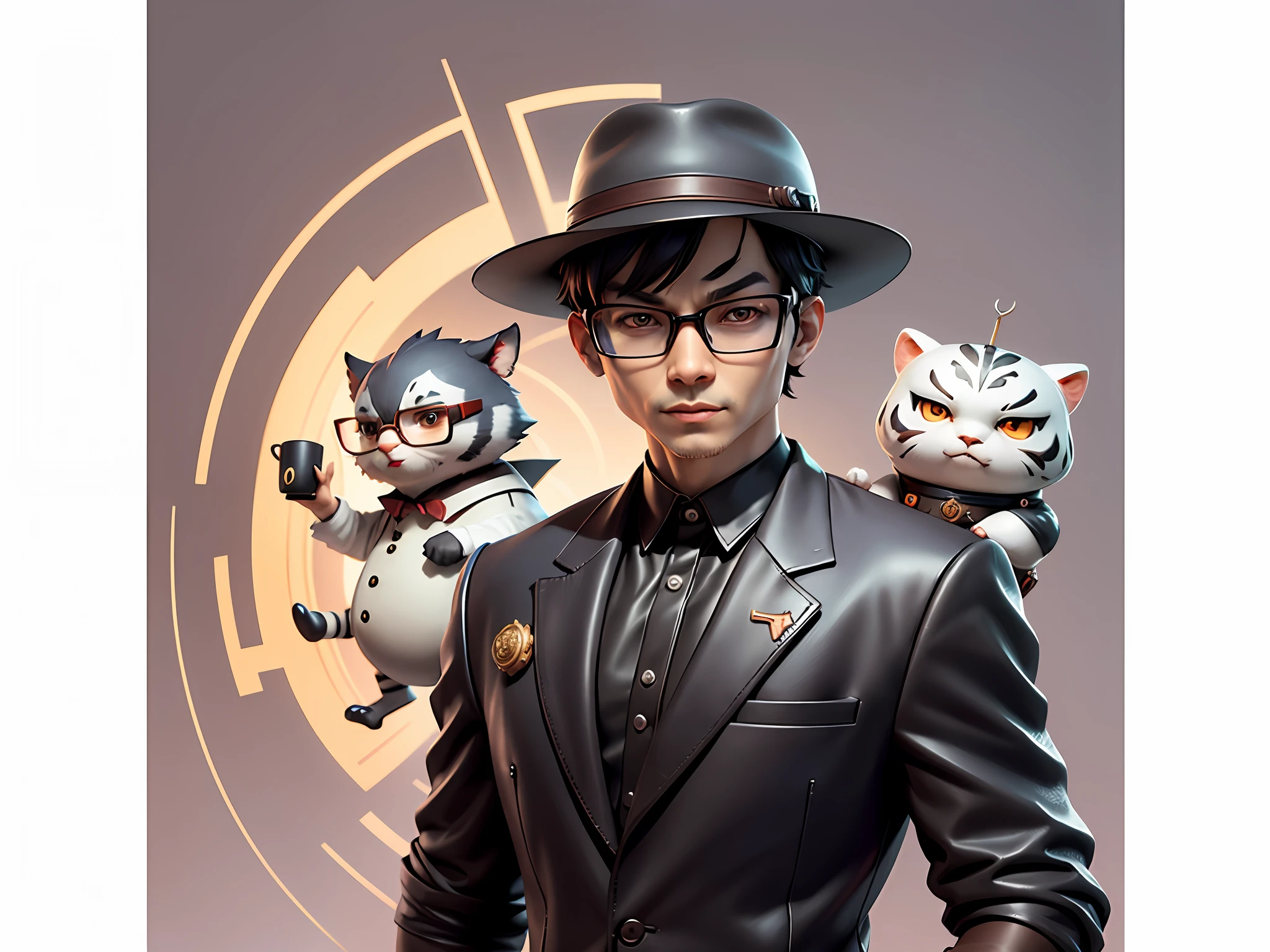 Young man with oriental face in leather hat, tiger, oriental face in formal suit, short black hair, silver glasses, digital painting, 3D character design by Mark Clairedon and Pixar and Hayao Miyazaki and Akira Toriyama, the illustration is a high-definition illustration in 4K resolution with very detailed facial features and cartoon-style visuals.