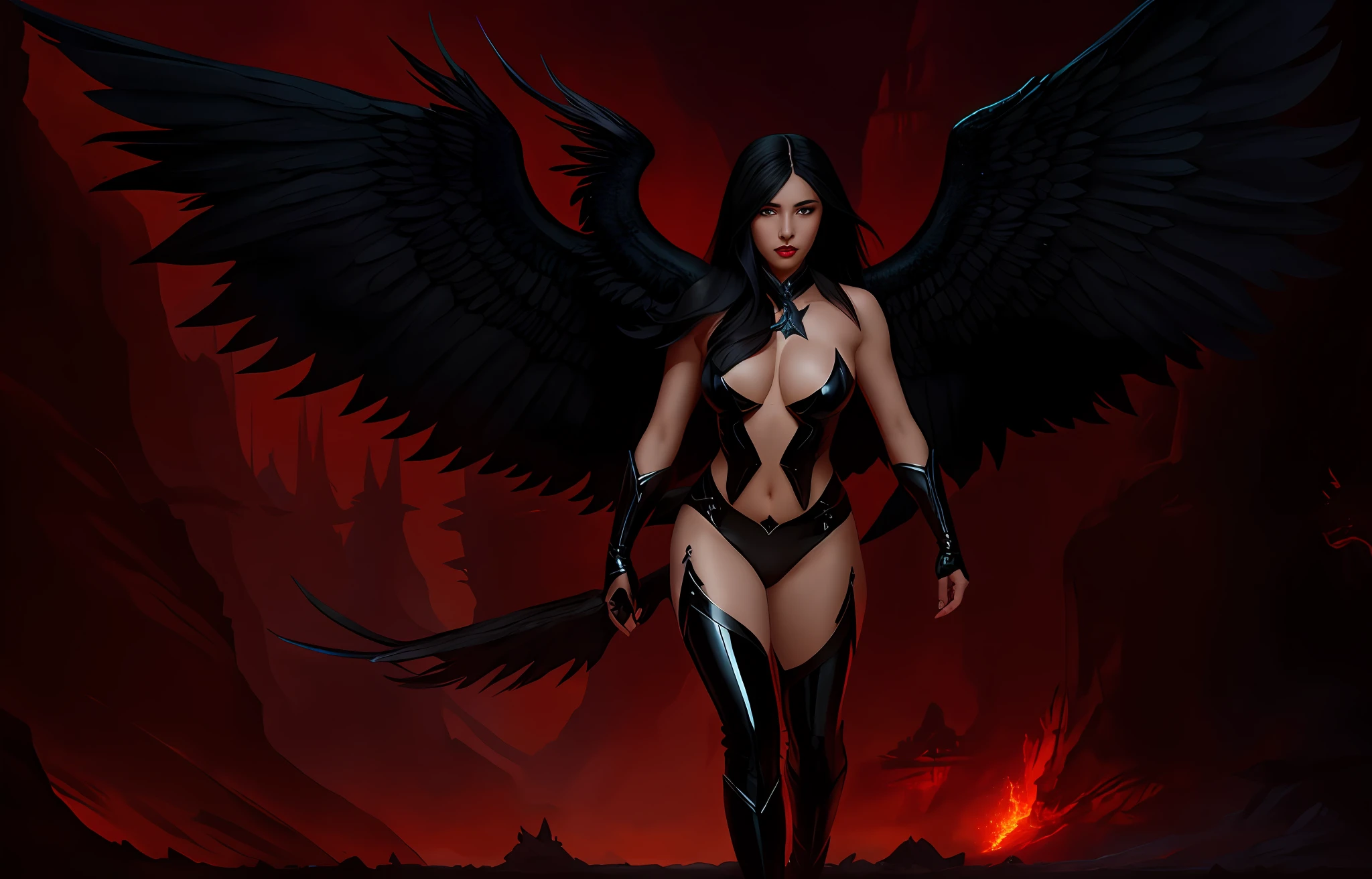 There's a black-haired woman, olhos azuis, red-lips, rosto perfeito, com grandes asas negras andando na rua, seios nus, pele clara, pale skin, abdome fino, abdome exposto, botas de coxa, botas de latex, Vilania tem asas de anjo negro, Epic Fantasy Digital Art Style, por Yang J, Arte de fantasia 4k, raven winged female vampire, Artgerm Julie Bell Beeple, Chengwei Pan em ArtStation, arte conceitual | Artgerm, epic exquisite character art, anjo escuro