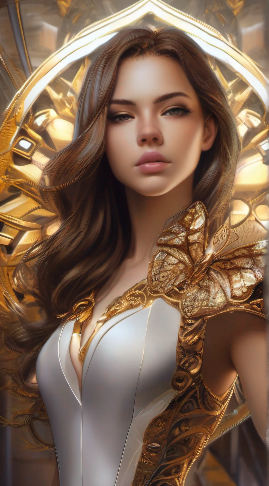 photo, 8k portrait of beautiful cyborg with brown hair, intricate, elegant, highly detailed, majestic, digital photography, art by artgerm and ruan jia and greg rutkowski surreal painting gold butterfly filigree, broken glass, (masterpiece, sidelighting, finely detailed beautiful eyes: 1.2), hdr, realistic, high definition