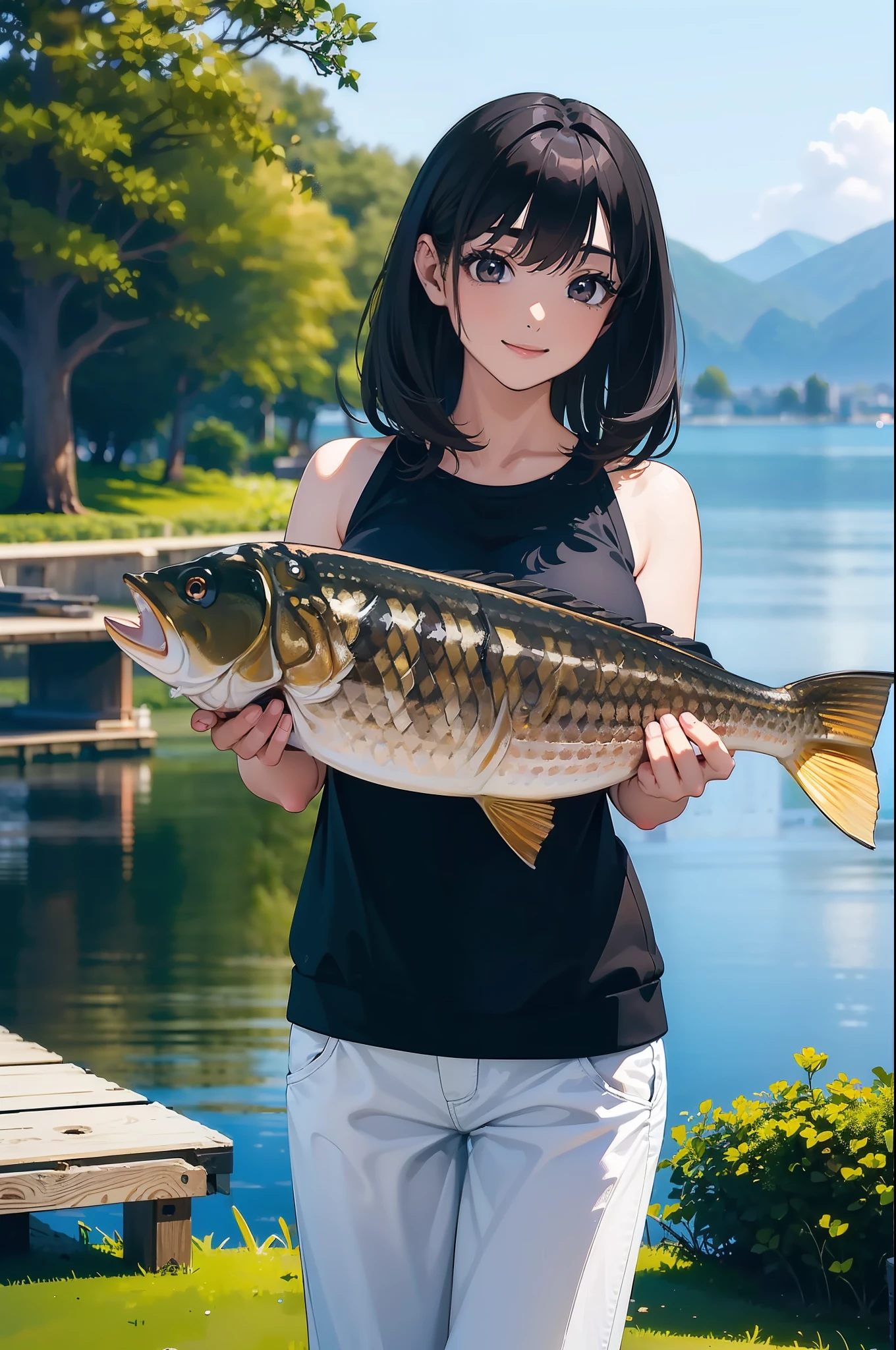 (((Catching a big blackbass by the lakeside))),((Best quality, 8k, Masterpiece :1.3))black hair, longeyelashes, solid circle eyes, light smile, drop shadow, atmospheric perspective, 8k, super detail, ccurate, best quality, middle breasts,black jacket, Black Tank Top ,white_pants,