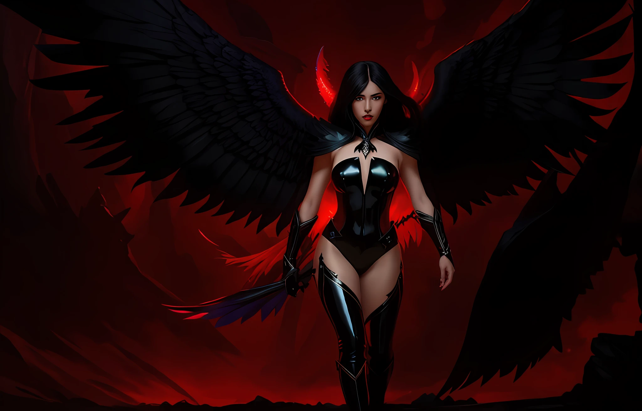 There's a black-haired woman, olhos azuis, red-lips, rosto perfeito, com grandes asas negras andando na rua, seios nus, pele clara, pale skin, abdome fino, abdome exposto, botas de coxa, botas de latex, Vilania tem asas de anjo negro, Epic Fantasy Digital Art Style, por Yang J, Arte de fantasia 4k, raven winged female vampire, Artgerm Julie Bell Beeple, Chengwei Pan em ArtStation, arte conceitual | Artgerm, epic exquisite character art, anjo escuro