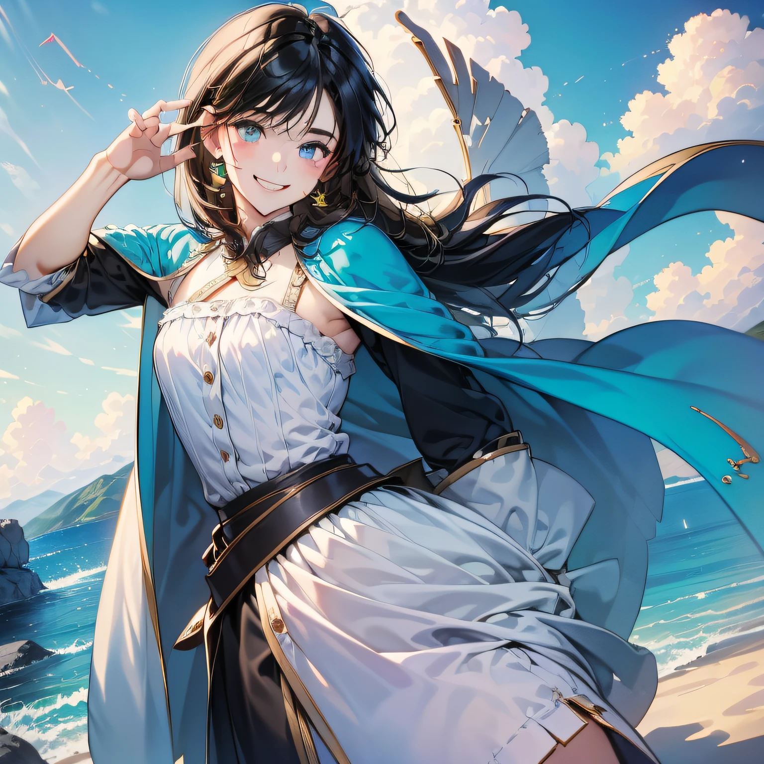 (in 8K、top-quality、​masterpiece:1.2)、1人の女性、(Smiling smile:1.1)、beautidful eyes、Valley、The upper part of the body、shorth hair、Like a boy 、Quirk hair、Green View、