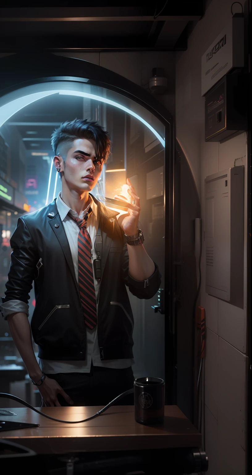 Change background cyberpunk cute boy , realistic face , High quality realistic ,8k ultra realistic,,