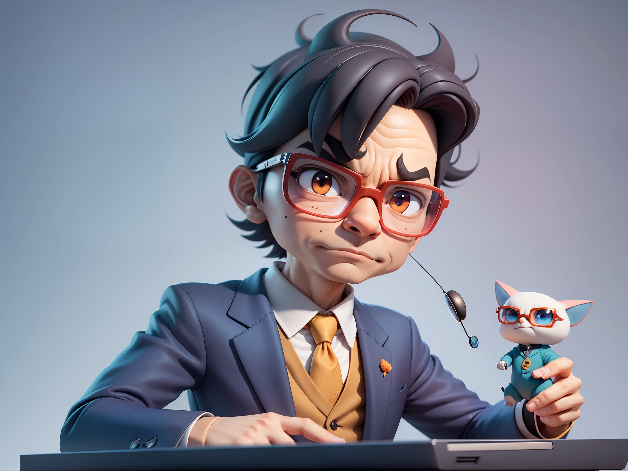A young man in a suit, Short hair and glasses sat at his desk,holding laptop,digitial painting,tigre,3D character design by Mark Clairen and Pixar and Hayao Miyazaki and Akira Toriyama,4K HD illustration,Very detailed facial features and cartoon-style visuals。