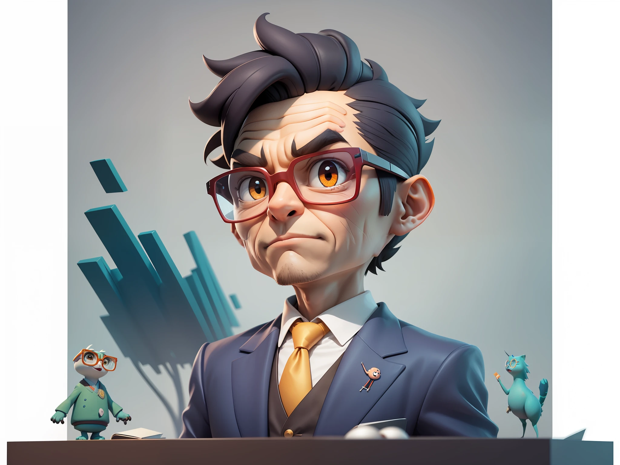 A young man in a suit, Short hair and glasses sat at his desk,holding laptop,digitial painting,tigre,3D character design by Mark Clairen and Pixar and Hayao Miyazaki and Akira Toriyama,4K HD illustration,Very detailed facial features and cartoon-style visuals。