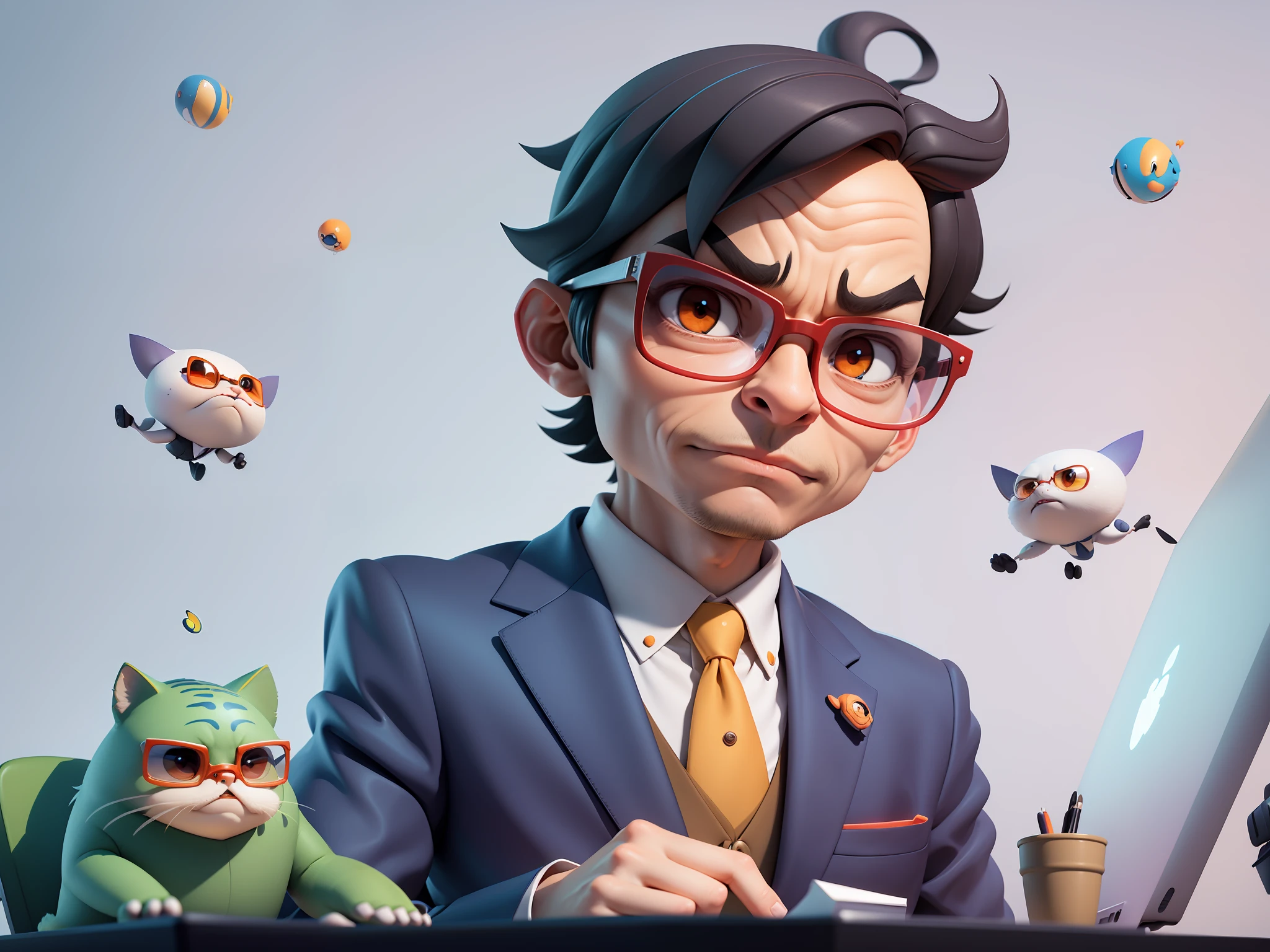 A young man in a suit, Short hair and glasses sat at his desk,holding laptop,digitial painting,tigre,3D character design by Mark Clairen and Pixar and Hayao Miyazaki and Akira Toriyama,4K HD illustration,Very detailed facial features and cartoon-style visuals。