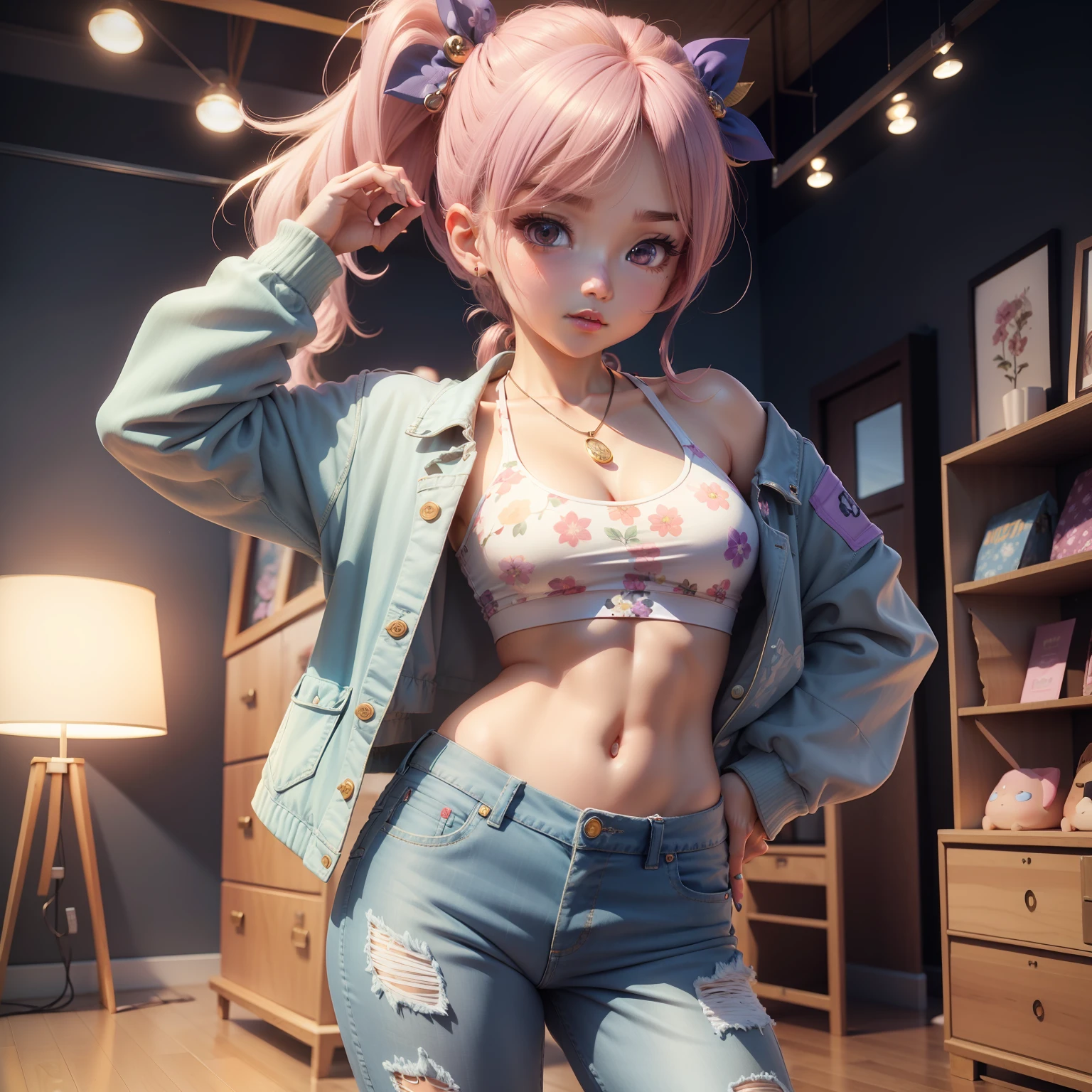 (Chibi 3D)))Cute and beautiful chibi anime//Retro floral sports bra, Oversized Blazer, Boyfriend Jeans, Quilty slippers, amethyst necklace,Retro floral clothing boutique、Standing,Unique Pose,solo