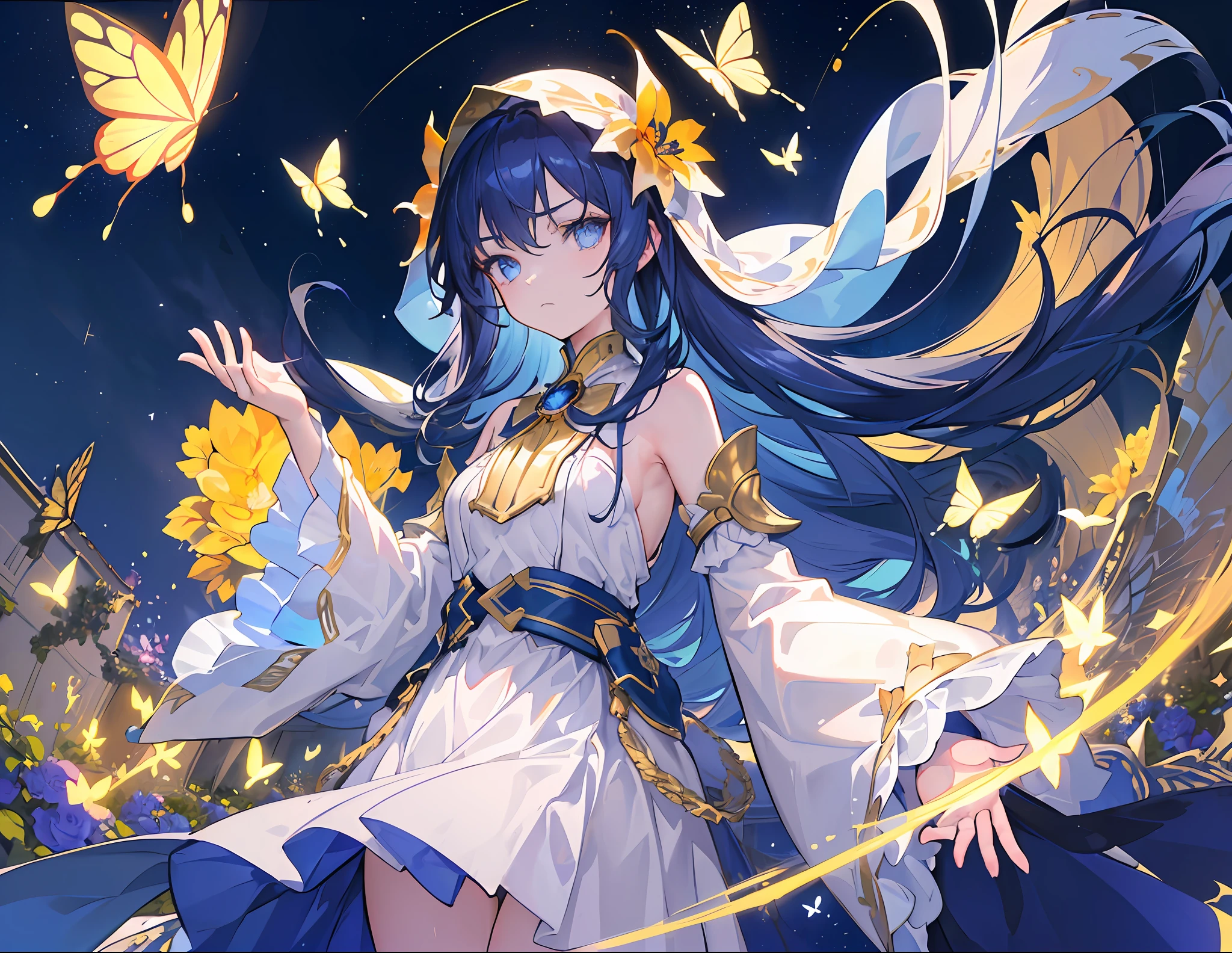 (superb, masterpiece), (1girl, solo, golden lammel hood, facial expression, gaze, walking, wide sleeves, blue eyes, closed mouth, outstretched hands, long hair, upper body), (night sky, light rising from below, flower garden, glowing butterfly in hand),