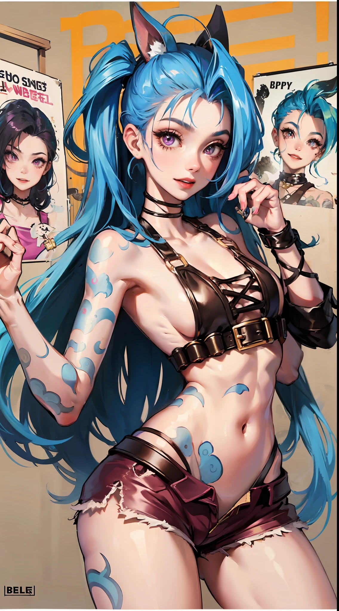 Jinx,Fleshy thighs,Poster publicity style,Ingram,Pose,Ultra shorts,Simetall,C cup,Happy expression