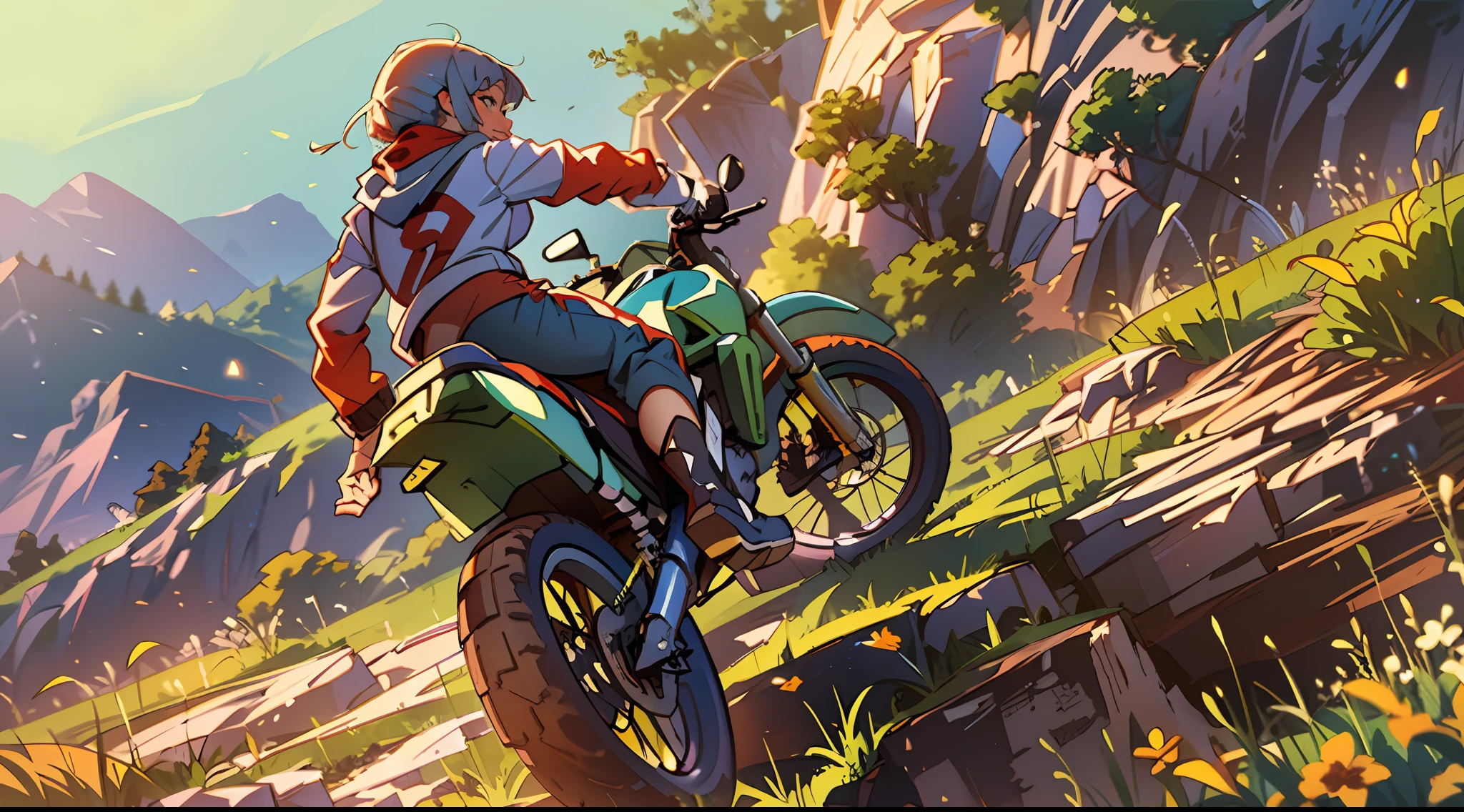 A woman rides a motocross which is in the middle of a jump between 2 cliffs and she is enjoying the fact she is doing a well-done job, she is using a motocross suit, 1 woman, she is not using a helmet, highly detailed face, smile, particles of dirty and grass around, daylight, sun rays, atmospheric light, high definition, masterpiece, intricate details, 8K, radical, volumetric illumination, dynamic composition, highly detailed, colorful, 2d anime style, moe style