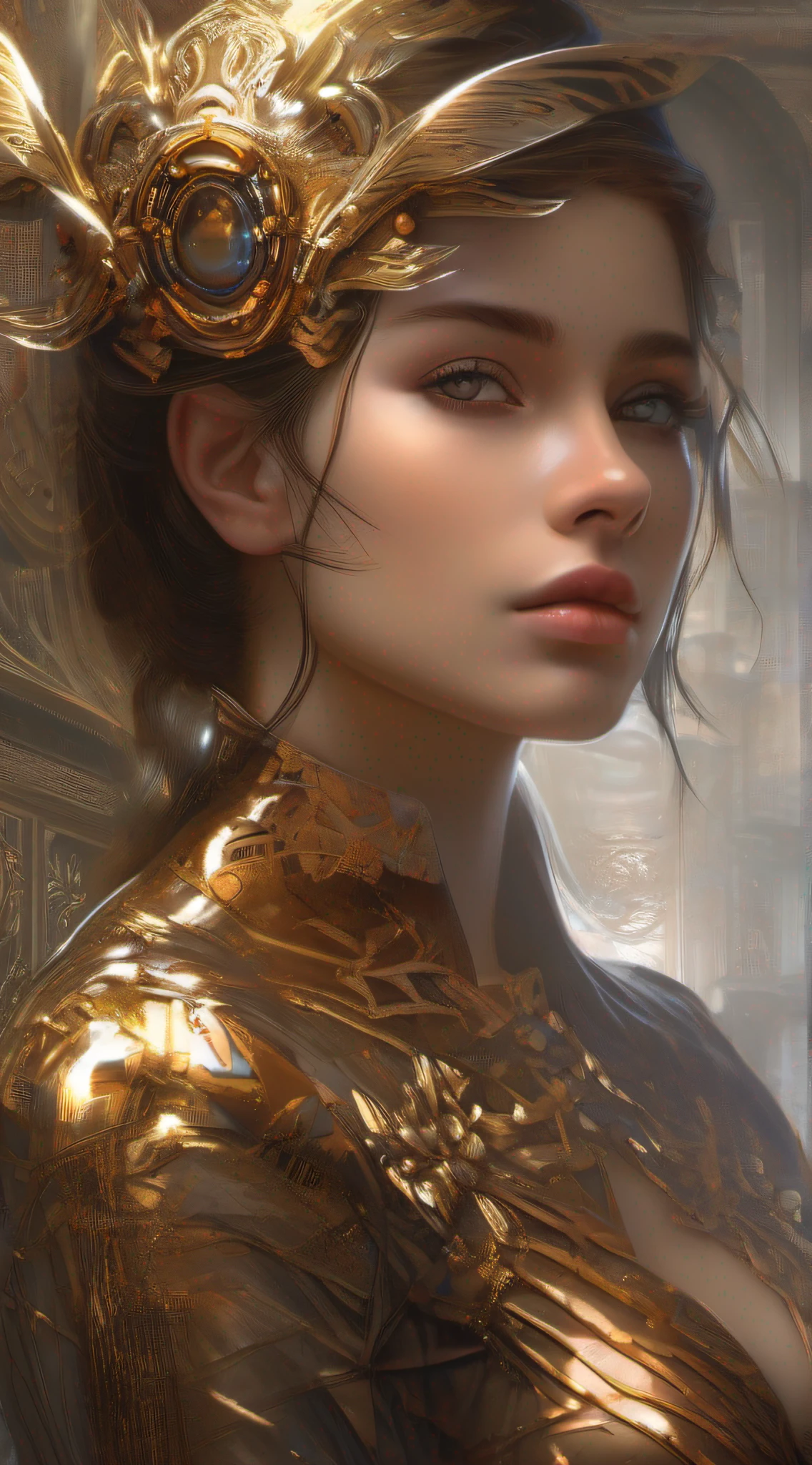 photo, 8k portrait of beautiful cyborg with brown hair, intricate, elegant, highly detailed, majestic, digital photography, art by artgerm and ruan jia and greg rutkowski surreal painting gold butterfly filigree, broken glass, (masterpiece, sidelighting, finely detailed beautiful eyes: 1.2), hdr, realistic, high definition