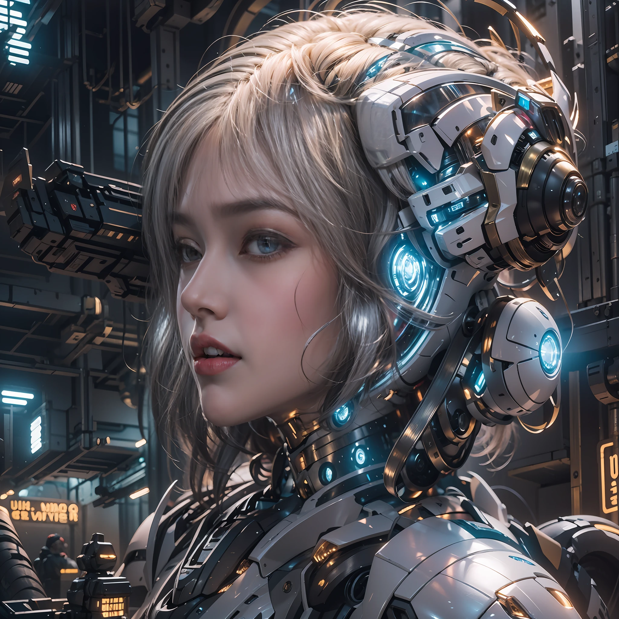 （（tmasterpiece，best qualtiy）），illustration，Ultra-detailed 8K，Clear focus，A highly detailed，Professional lighting，Colorful detailed，A girl and a mech，Beautuful Women，lottalewdsLargeMecha，cranny，with light glowing，with light glowing，Complicated details，（（1girl stands in front of the audience）），closeup cleavage，The upper part of the body