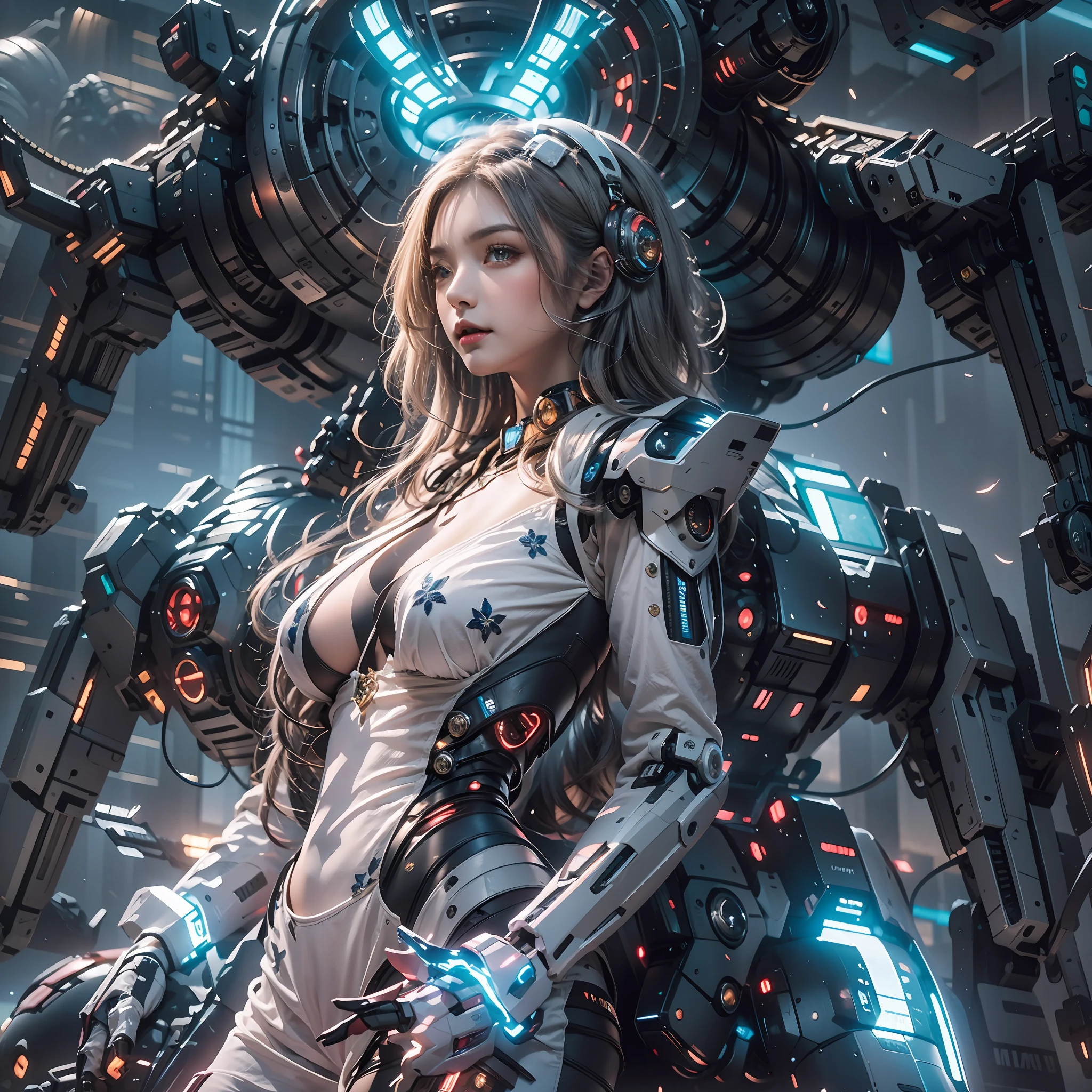 ((tmasterpiece,best qualtiy)),illustration,Ultra-detailed 8K,Clear focus,A highly detailed,Professional lighting,Colorful detailed,A girl and a mech,Beautuful Women,lottalewdsLargeMecha,cranny,with light glowing,with light glowing,Complicated details,((1girl stands in front of the audience)),closeup cleavage,The upper part of the body