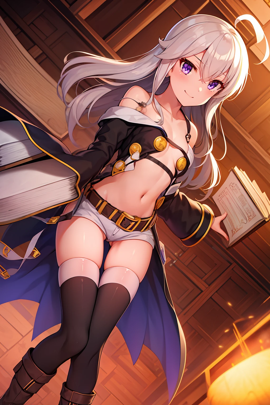 1girl, ahoge, bare_shoulders, belt, book, boots, brown_footwear, casting_spell, coat, collarbone, commentary_request, dengeki_bunko_fighting_climax, full_body, grimoire, hair_between_eyes, holding, holding_book, hood, hood_down, knee_boots, leg_up, long_hair, looking_at_viewer, off_shoulder, open_book, purple_eyes, robe, shizuma_yoshinori, short_shorts, shorts, smile, solo, sparkle, standing, standing_on_one_leg, strap, thighhighs, transparent_background, tsurime, white_hair, white_thighhighs, zero_(zero_kara_hajimeru_mahou_no_sho), zero_kara_hajimeru_mahou_no_sho