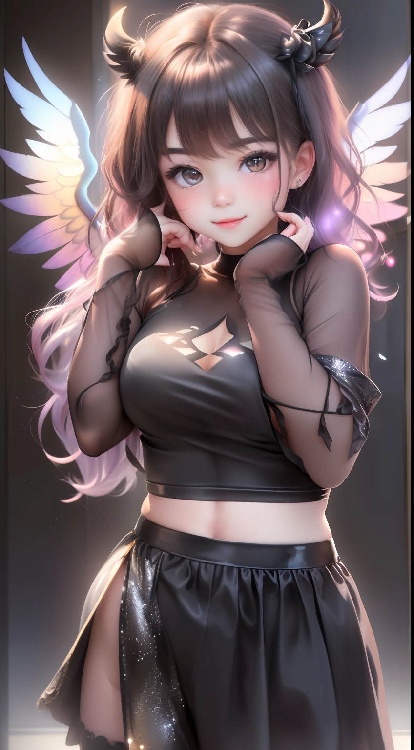((top-quality, 8K, ​masterpiece:1.4)), (Photorealsitic, Raw photography, Top image quality:1.5), beautiful  lighting, Movies in which girls shine, realistic shadow, huge filesize, Vibrant colors, Brilliant image quality, colourfull, Fantasia [hight resolution], (17-year-old beautiful girl:1.6), (Lori:1.2), (Junior Idol), Well-formed fingers, ((Cute pose with arms crossed behind your back:1.5)), ((Glittering Perfect Beautiful Girl:1.3)), a handsome, a cool, (innocent smiles:1.2), ((Super Cute Super Beautiful Girl)), (Crisp and gentle eyes), dual, (with blush cheeks:1.4), ((morning、Beautiful girl with little devil wings and tail in transparent sexy black little devil costume:1.3)), Cute hair, (Show me your big ass:1.2), Perfect and beautiful body, Lovely room, Innocent Girl, Japan beautiful girl, Shines