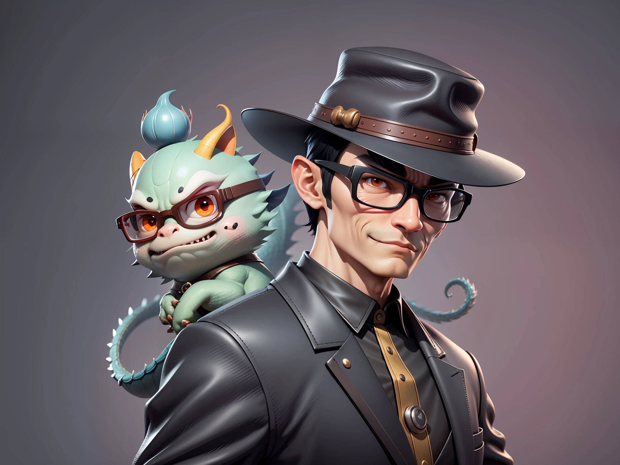 Young man with oriental face in leather hat, dragon, formal suit, short black hair, silver glasses, digital painting, 3D character design by Mark Clairedon and Pixar and Hayao Miyazaki and Akira Toriyama, the illustration is a high-definition illustration in 4K resolution with very detailed facial features and cartoon-style visuals.