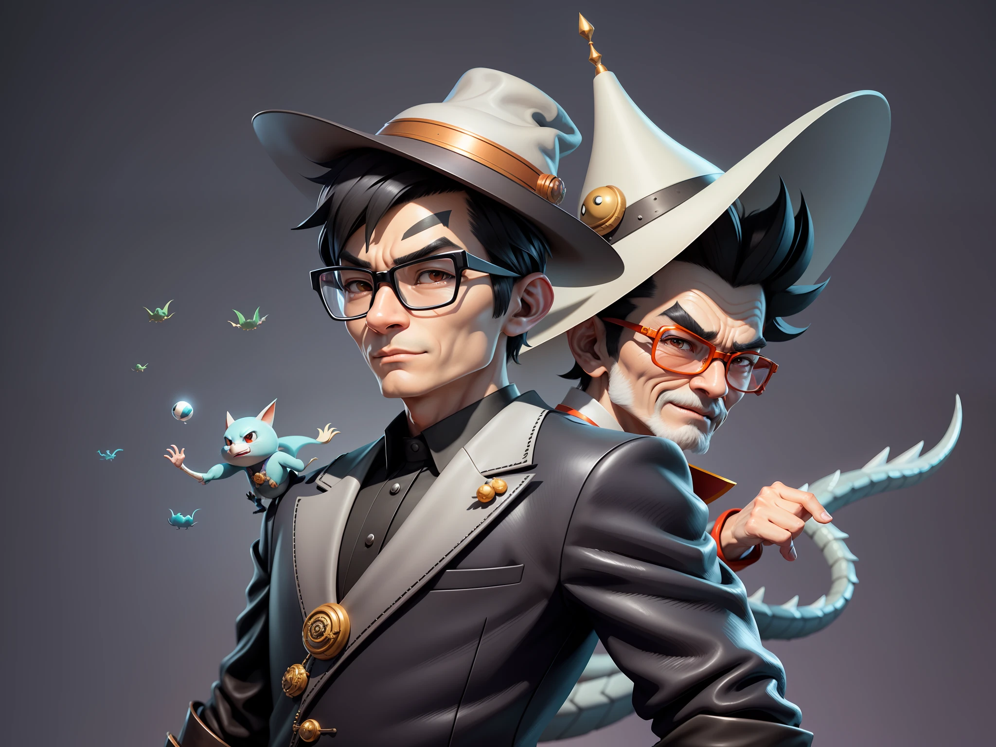 Young man with oriental face in leather hat, dragon, formal suit, short black hair, silver glasses, digital painting, 3D character design by Mark Clairedon and Pixar and Hayao Miyazaki and Akira Toriyama, the illustration is a high-definition illustration in 4K resolution with very detailed facial features and cartoon-style visuals.