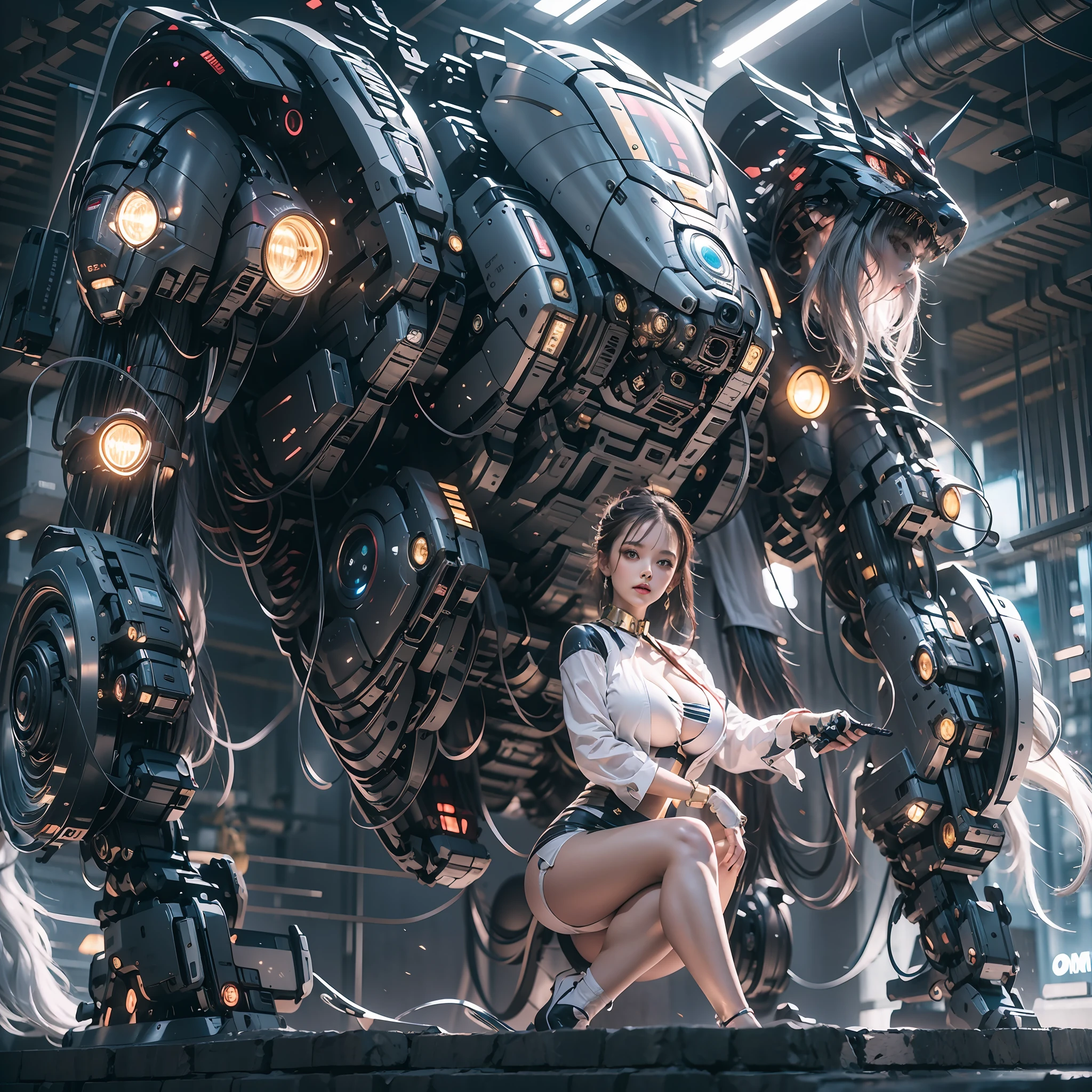((tmasterpiece,best qualtiy)),illustration,Ultra-detailed 8K,Clear focus,A highly detailed,Professional lighting,Colorful detailed,A girl and a mech,Beautuful Women,lottalewdsLargeMecha,cranny,with light glowing,with light glowing,Complicated details,((1girl stands in front of the audience)),closeup cleavage,The upper part of the body