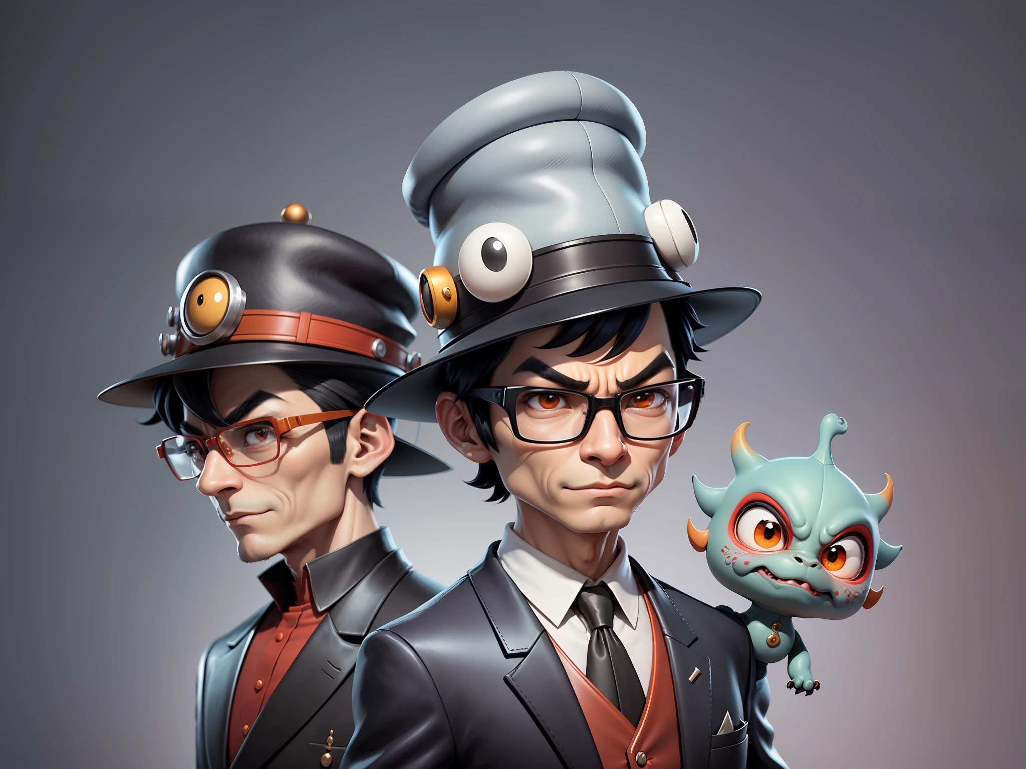 Young man with oriental face in leather hat, dragon, formal suit, short black hair, silver glasses, digital painting, 3D character design by Mark Clairedon and Pixar and Hayao Miyazaki and Akira Toriyama, the illustration is a high-definition illustration in 4K resolution with very detailed facial features and cartoon-style visuals.