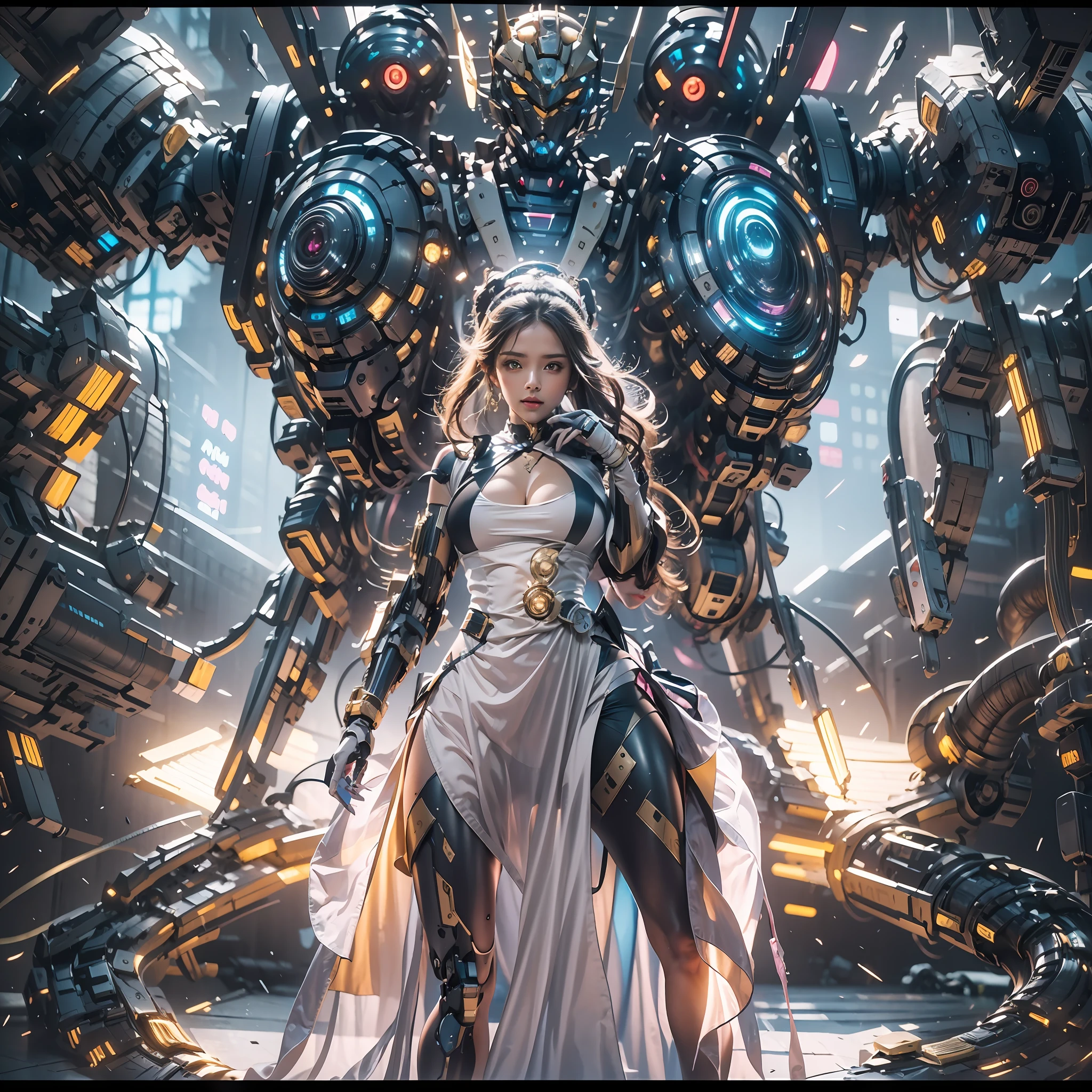 （（tmasterpiece，best qualtiy）），illustration，Ultra-detailed 8K，Clear focus，A highly detailed，Professional lighting，Colorful detailed，A girl and a mech，Beautuful Women，lottalewdsLargeMecha，cranny，with light glowing，with light glowing，Complicated details，（（1girl stands in front of the audience）），closeup cleavage，The upper part of the body