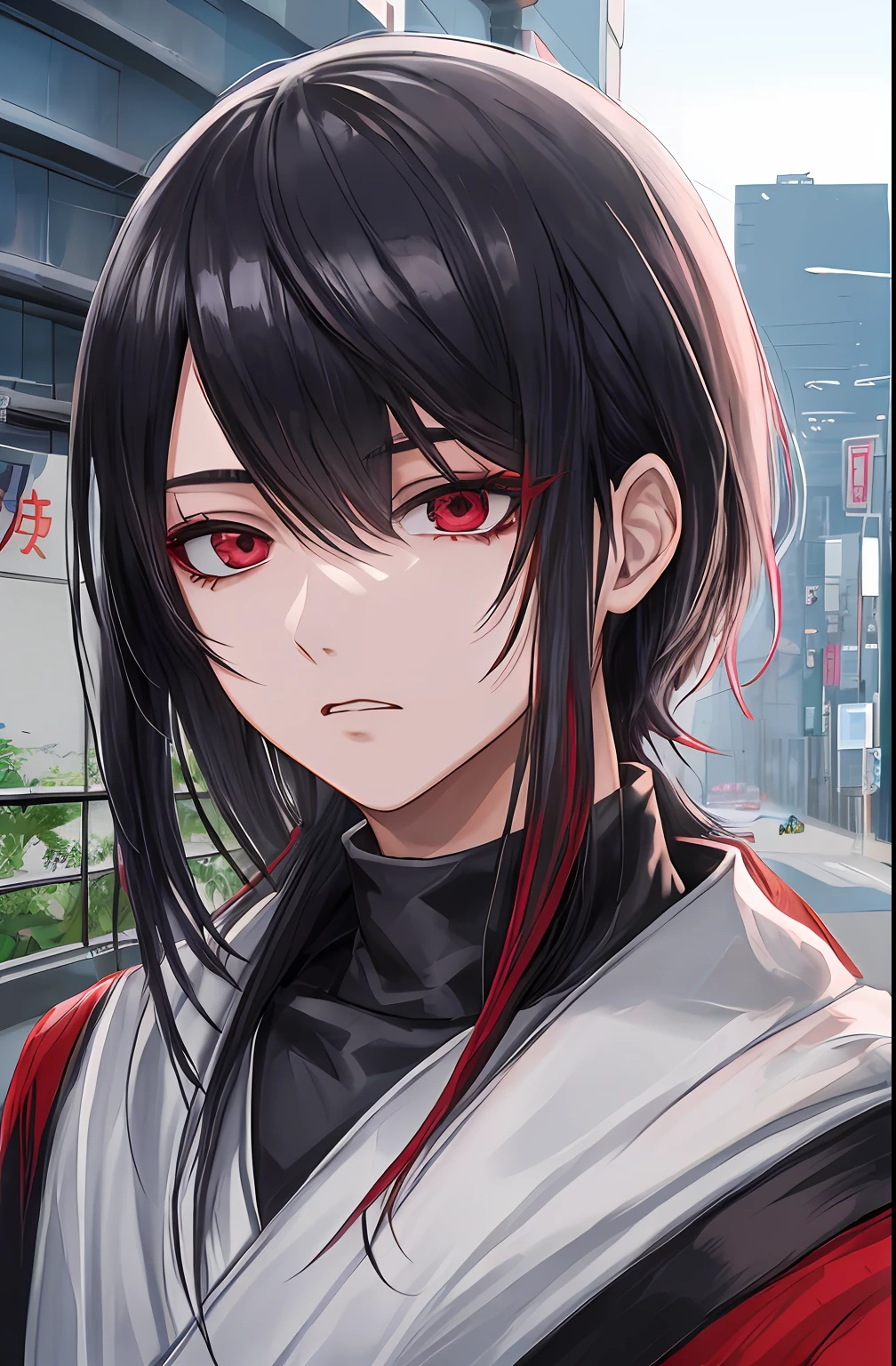 kk, melhor qualidade, mais detalhes, obra-prima, 1boy, kaneki ken, retrato, foco masculino, olhos de sharingan, solo, franja, olhando para o espectador, capuz preto, cabelo curto, chuva, tokyo tokyo \(cidade\), capuz, nail polish, cabelo preto, luxuoso, 8k, detalhado, ray tracing, profundidade de campo, cinematic lighthing,