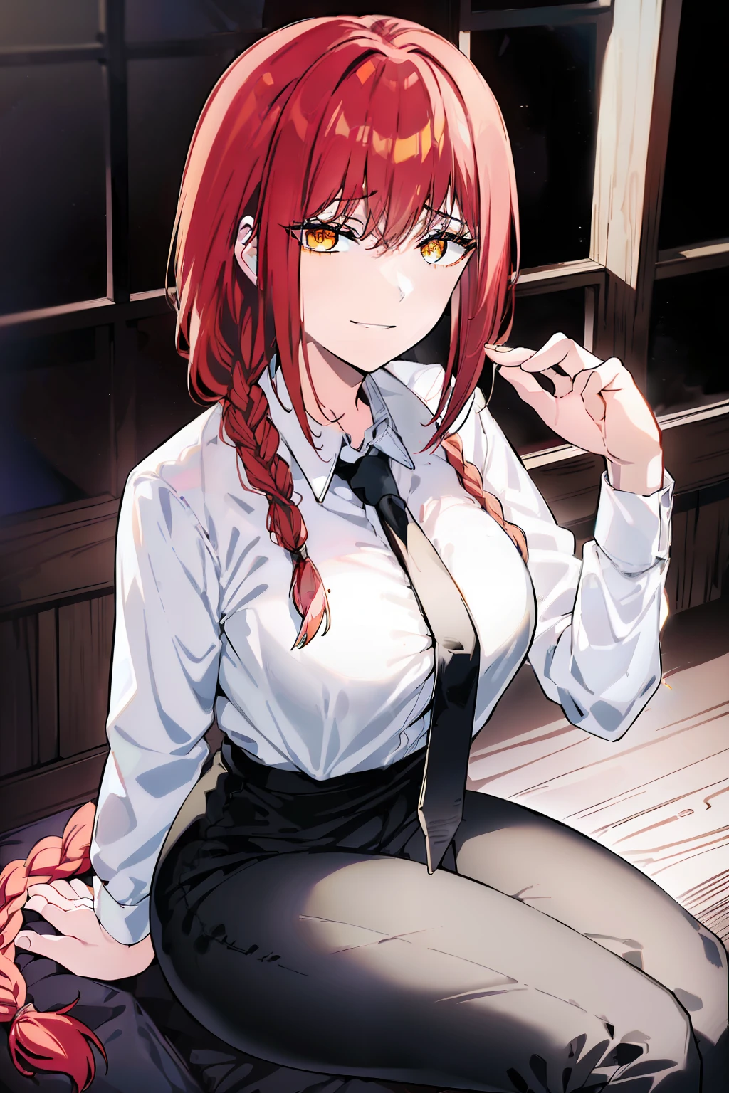 (masterpiece, top quality, best quality, official art, beautiful and aesthetic:1.2),(8k, best quality, masterpiece:1.2), 1woman, mature girl, makima, makimart, (looking at the viewer, full body shot, sitting:1) (red hair, long braid behind back, braid with eye length bangs and two longer bangs that frame face, bright crimson shining hair:1.2), (yellow eyes, ringed pupils, shining yellow eyes, patterned pupils, eerie eyes, glaring eyes, ominous eyes:1.15), [no blush, confident evil smile, open mouth:1.2], [medium breasts:1.3], [sexy, curvy figure:1], (office clothes, white shirt, black necktie, black pants:1.15), (sitting on table, crossing legs, holding own breast in one hand, feet in frame, full body in frame:1.3) (dark lighting, dim room, glaring eyes, shining eyes:1.4)