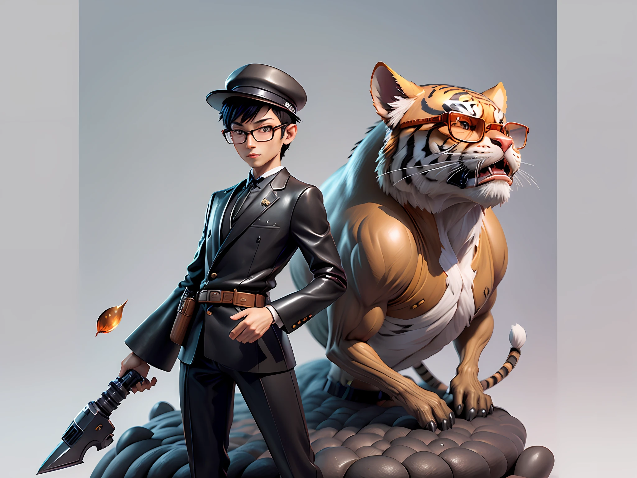 Young man with oriental face in leather hat, tiger, oriental face in formal suit, short black hair, silver glasses, digital painting, 3D character design by Mark Clairedon and Pixar and Hayao Miyazaki and Akira Toriyama, the illustration is a high-definition illustration in 4K resolution with very detailed facial features and cartoon-style visuals.