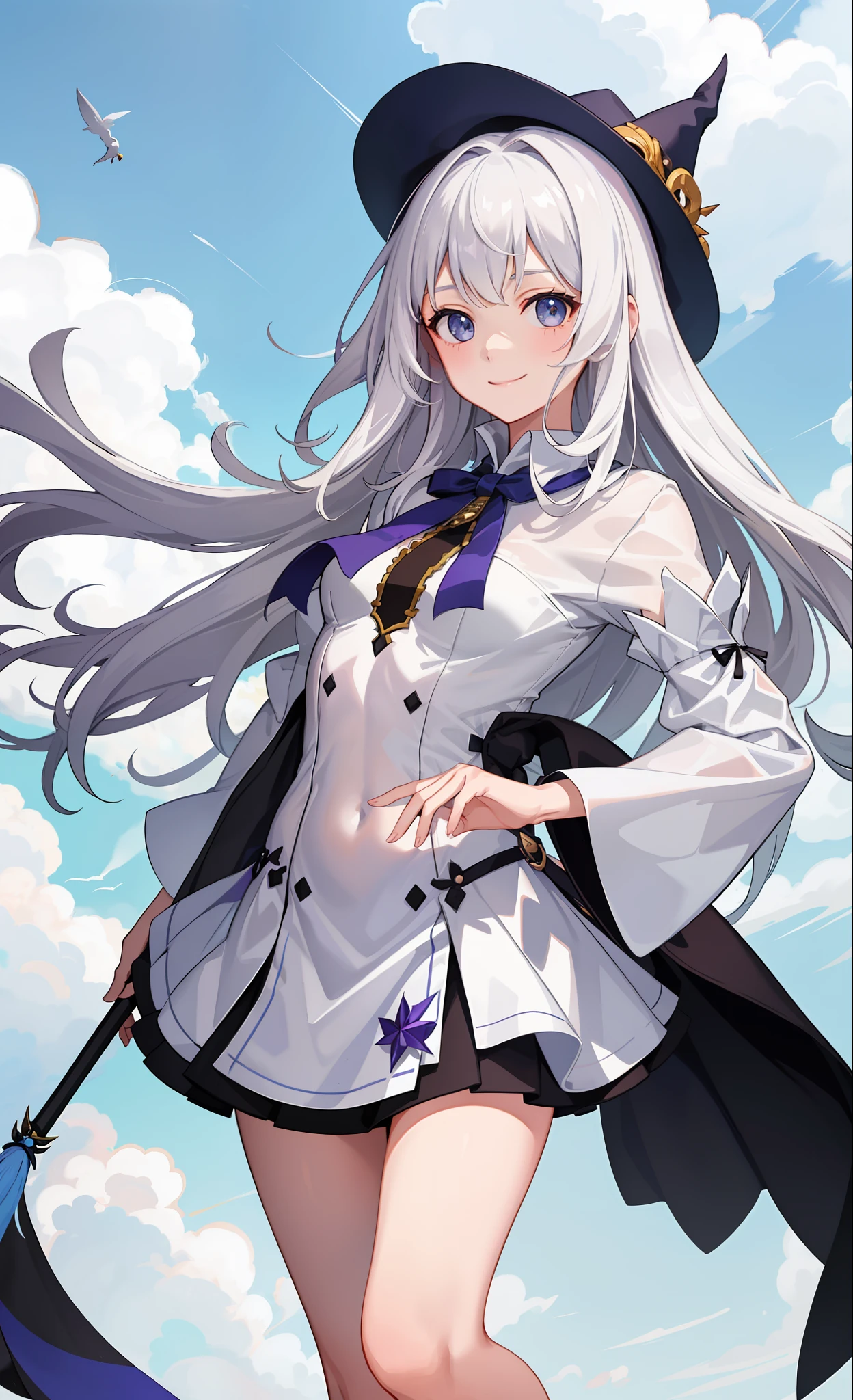 1girl in、A smile、The shirt、Blouse、skirt by the、(small tits)Chilarism、movement、Hats、cloaks、magic wands、Sorcerer、white hair、Sexy costume、