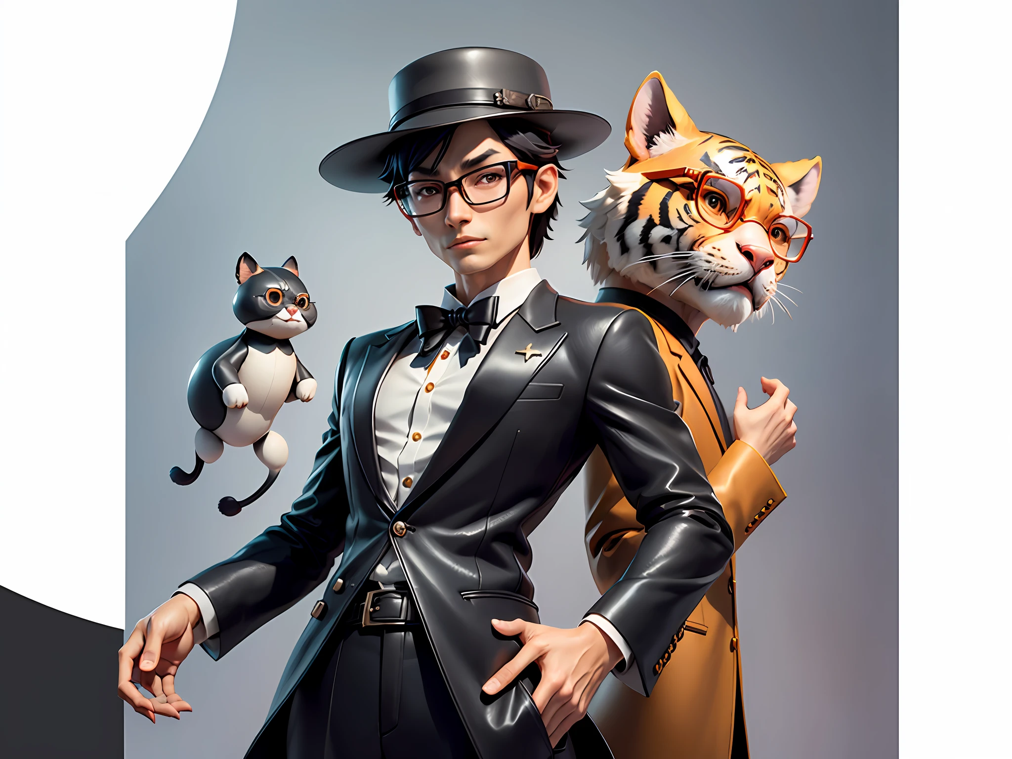 Young man with oriental face in leather hat, tiger, oriental face in formal suit, short black hair, silver glasses, digital painting, 3D character design by Mark Clairedon and Pixar and Hayao Miyazaki and Akira Toriyama, the illustration is a high-definition illustration in 4K resolution with very detailed facial features and cartoon-style visuals.
