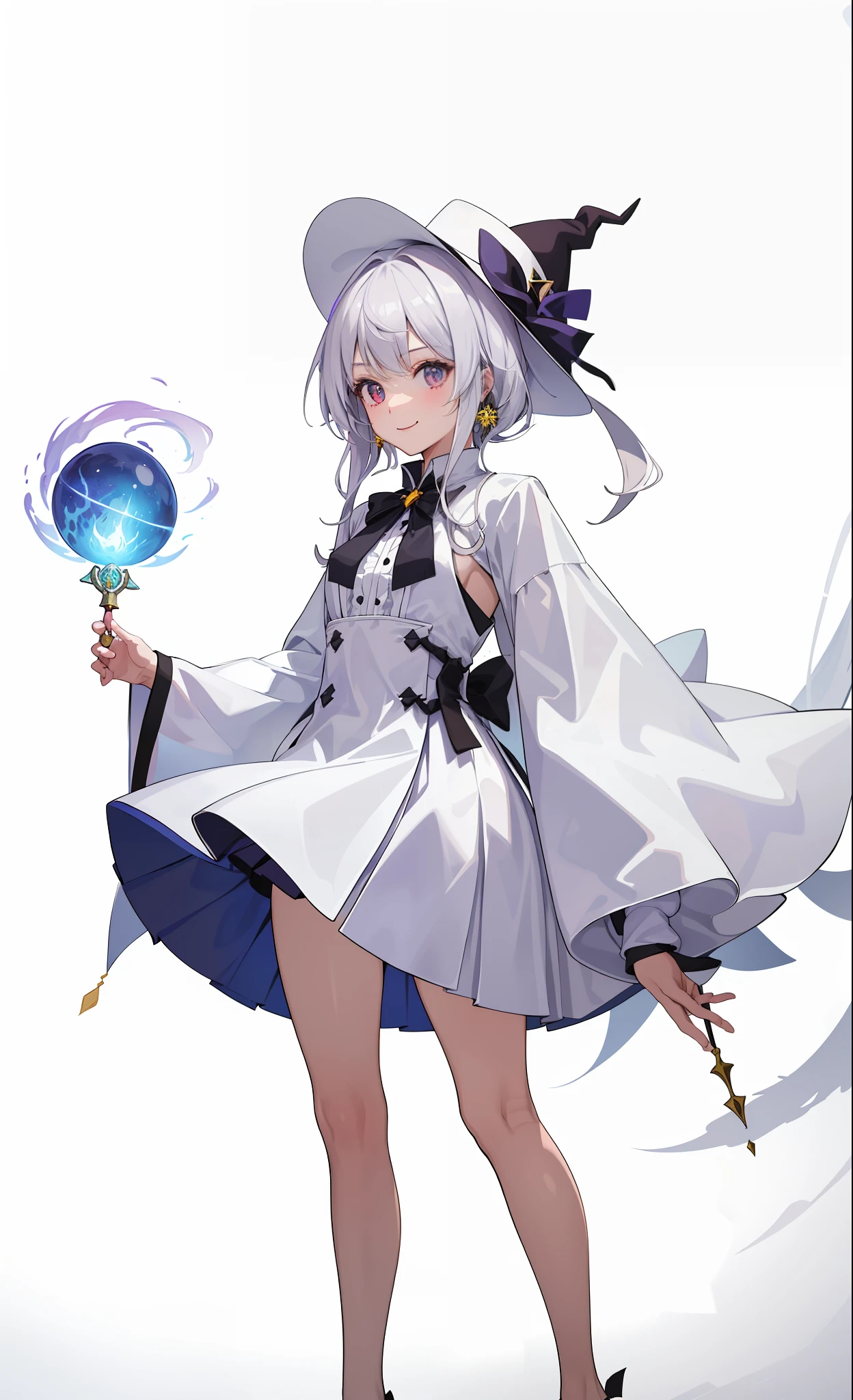 1girl in、A smile、The shirt、Blouse、skirt by the、（small tits）Chilarism、movement、Hats、cloaks、magic wands、Sorcerer、white  hair、Sexy costume、