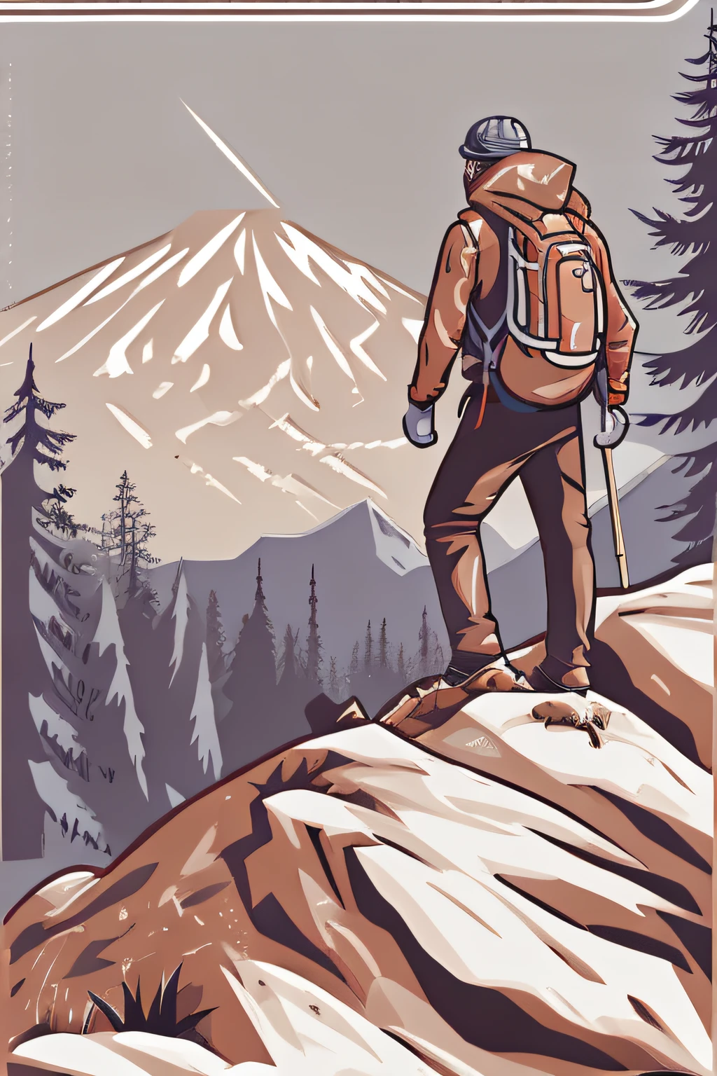 t shirt illustration, streetwear, Style: Minimalist and modern illustration of a lone adventurer trekking up a majestic mountain.Colors: Earthy and serene tones like deep caqui, light brown, and cool gray.Environment: Set the design against a backdrop of snow-capped peaks and tall pine trees.Mood: Adventurous and serene, inspiring the wanderlust for mountain exploration. detail,very detailed, 4k,