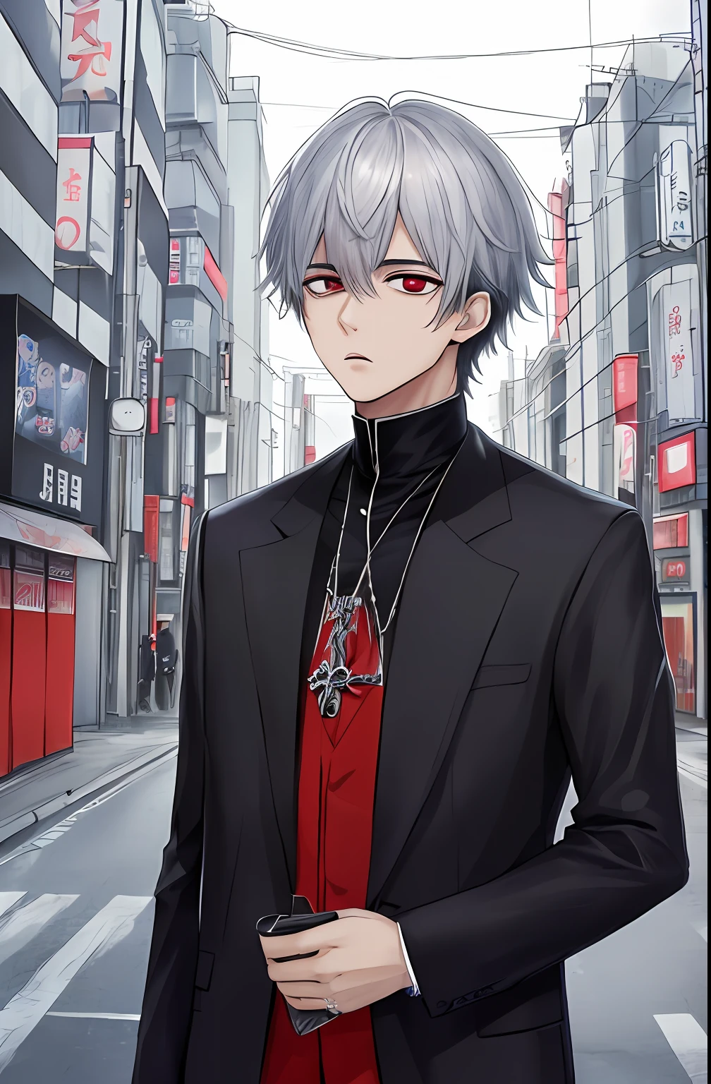 kk, melhor qualidade, mais detalhes, obra-prima, 1boy, kaneki ken, retrato, foco masculino, olhos de sharingan, solo, franja, olhando para o espectador, capuz preto, cabelo curto, chuva, tokyo tokyo \(cidade\), capuz, nail polish, cabelo preto, luxuoso, 8k, detalhado, ray tracing, profundidade de campo, cinematic lighthing,
