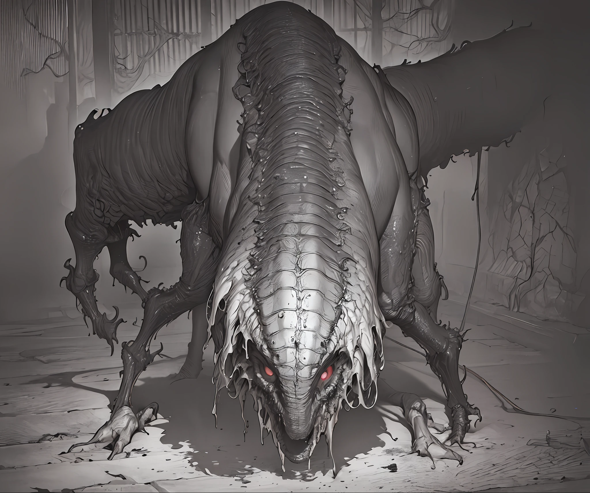 masterpiece, best quality, highres, ultra-detailed, dark night, horror, creepy ancient evil creature, abandoned mine, monochromatic (manga spread by kentaro miura, tsutomu nihei)