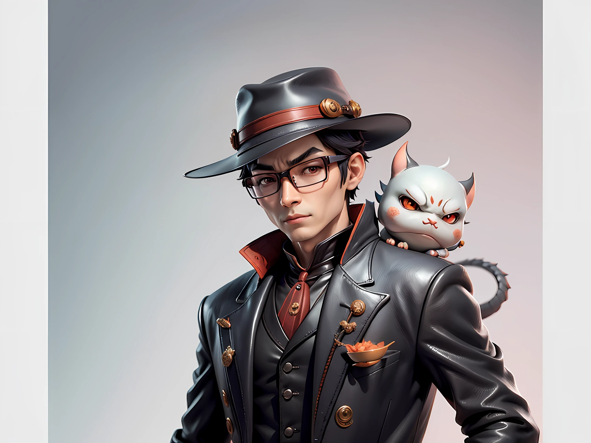 Young man with oriental face in leather hat, dragon, formal suit, short black hair, silver glasses, digital painting, 3D character design by Mark Clairedon and Pixar and Hayao Miyazaki and Akira Toriyama, the illustration is a high-definition illustration in 4K resolution with very detailed facial features and cartoon-style visuals.