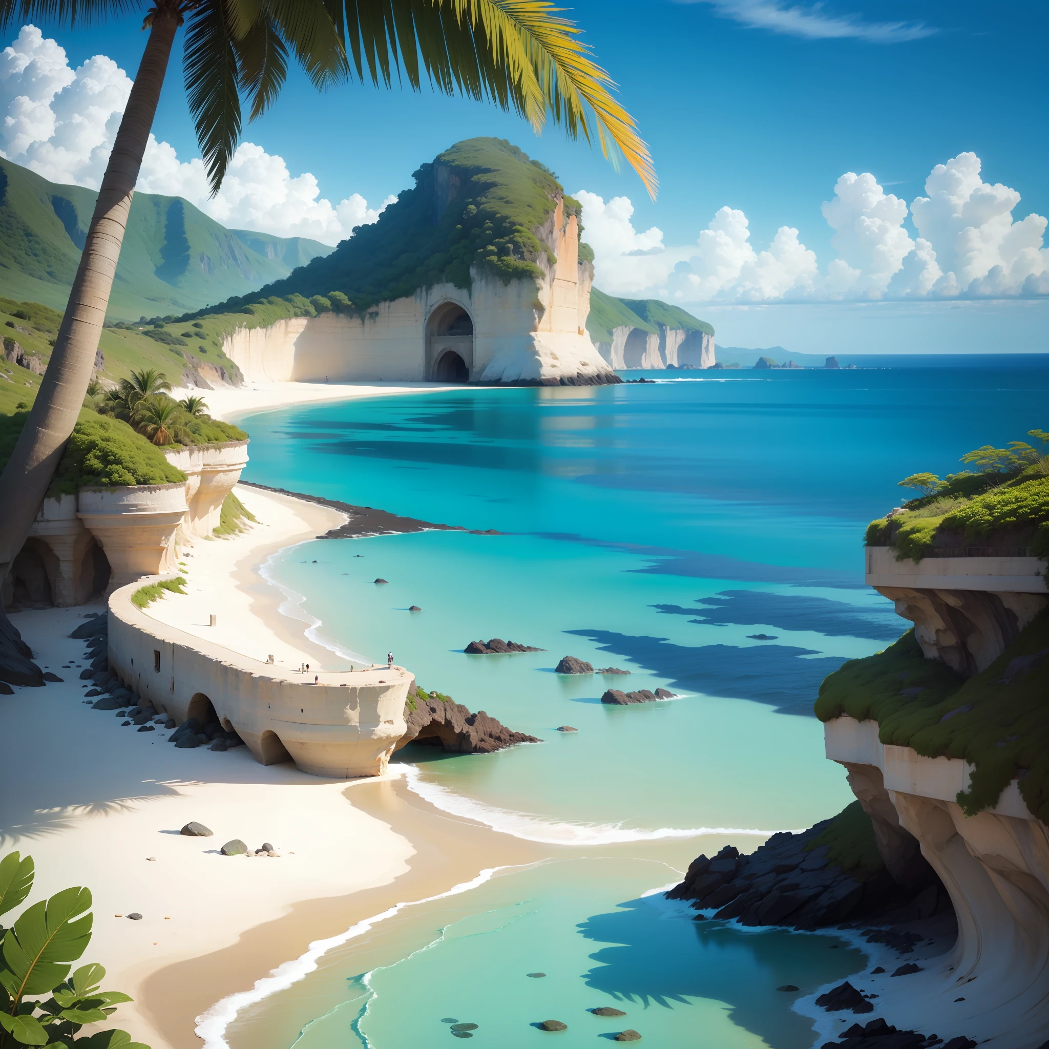 A deserted beach with crystal clear waters, exotic and beautiful plants, lugar lindo e chamativos estilo ilhas do caribe, cores fortes da natureza